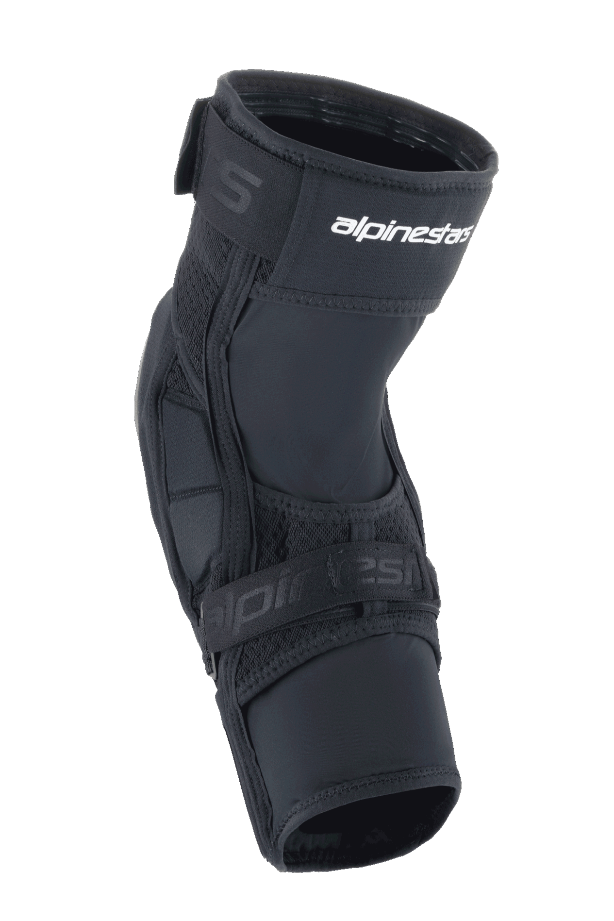 Alpinestars A-Impact Plasma Elite Shield Knee Protectors, MTB Protective Gear, Black with white logo, featuring a pre-curved ergonomic design, dual strap closure, and breathable mesh panels for mountain biking.
