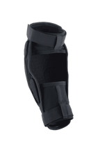 Alpinestars A-Impact Plasma Pro Elbow Protector, Black, back view showcasing dual strap closure and breathable mesh panels, ergonomic design for mountain bike protection