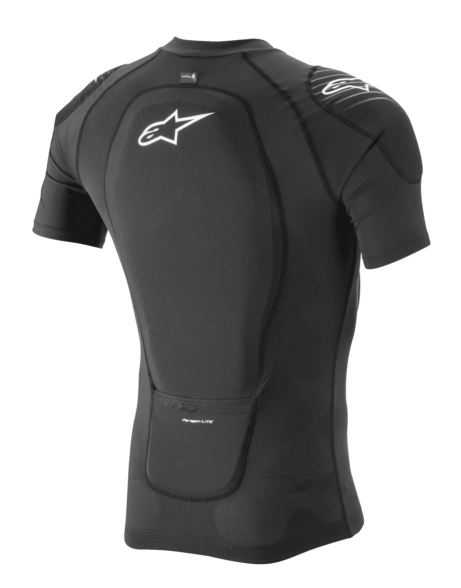 Alpinestars Paragon Lite Protection Jacket - Korte Mouw, zwart, driekwart achteraanzicht met geïntegreerde rugbeschermer en ademende stretch mesh-constructie, wit Alpinestars-logo op de rug en schouder, lichtgewicht mountainbike beschermingsuitrusting