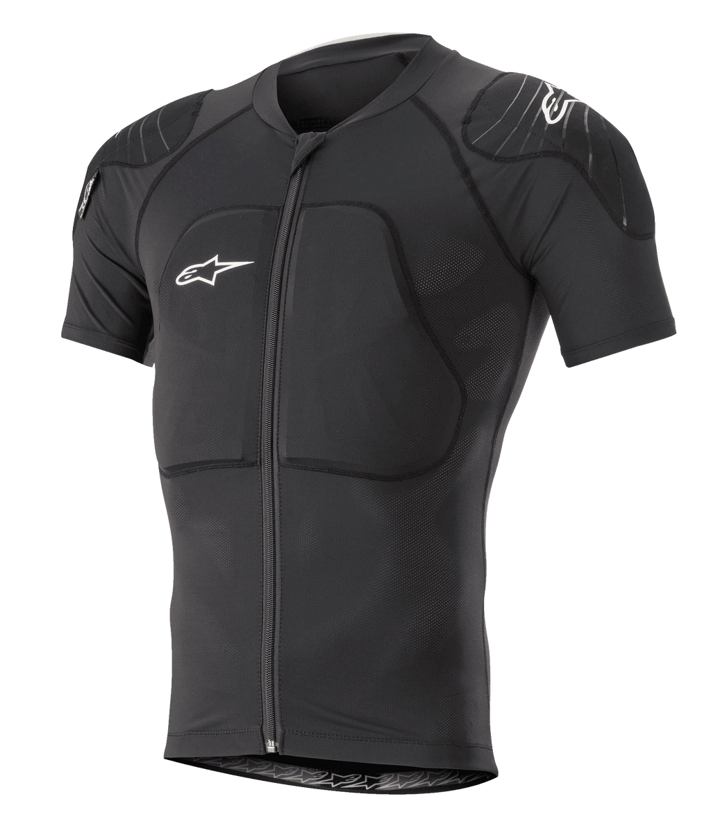 Alpinestars Paragon Lite Protection Jacket korte mouwen, zwart, MTB mountainbike body armor met geïntegreerde schouder- en borstbescherming, ritssluiting aan de voorzijde, ademende mesh-stof, witte Alpinestars-logo's, nauwsluitend ontwerp voor trailrijden