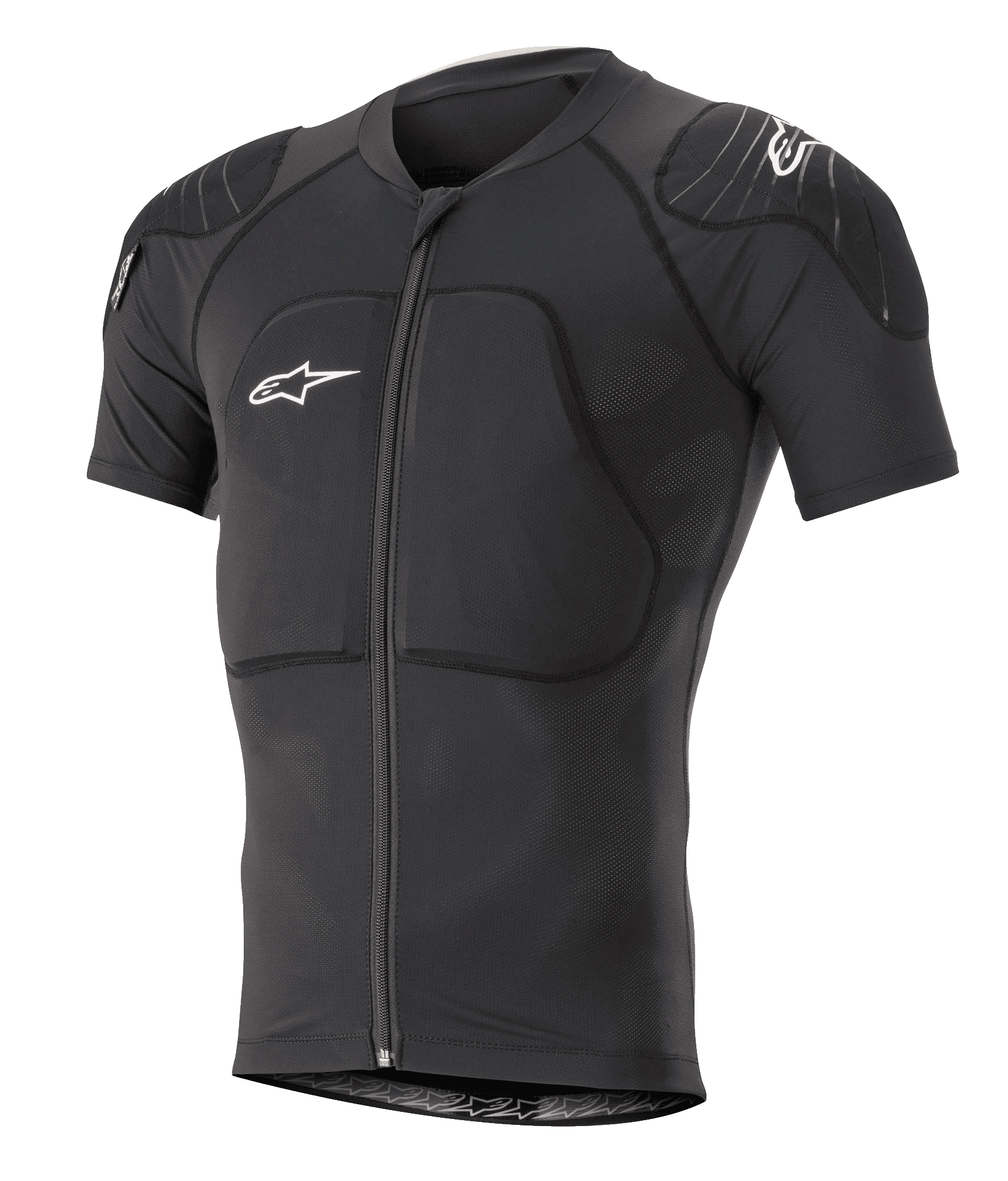 Alpinestars Paragon Lite Protection Jacket korte mouwen, zwart, MTB mountainbike body armor met geïntegreerde schouder- en borstbescherming, ritssluiting aan de voorzijde, ademende mesh-stof, witte Alpinestars-logo's, nauwsluitend ontwerp voor trailrijden