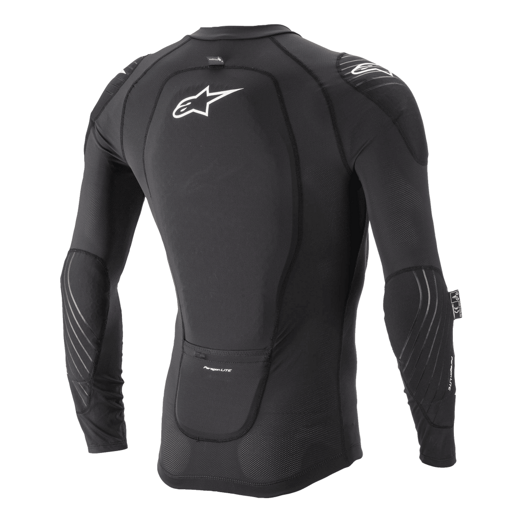 Alpinestars Paragon Lite Protection Jacket - Lange Mouwen, zwart, achteraanzicht met geïntegreerde rugbeschermer en wit Astar-logo, ademende mesh-constructie met elleboog- en schouderbescherming, lichtgewicht MTB body armor.
