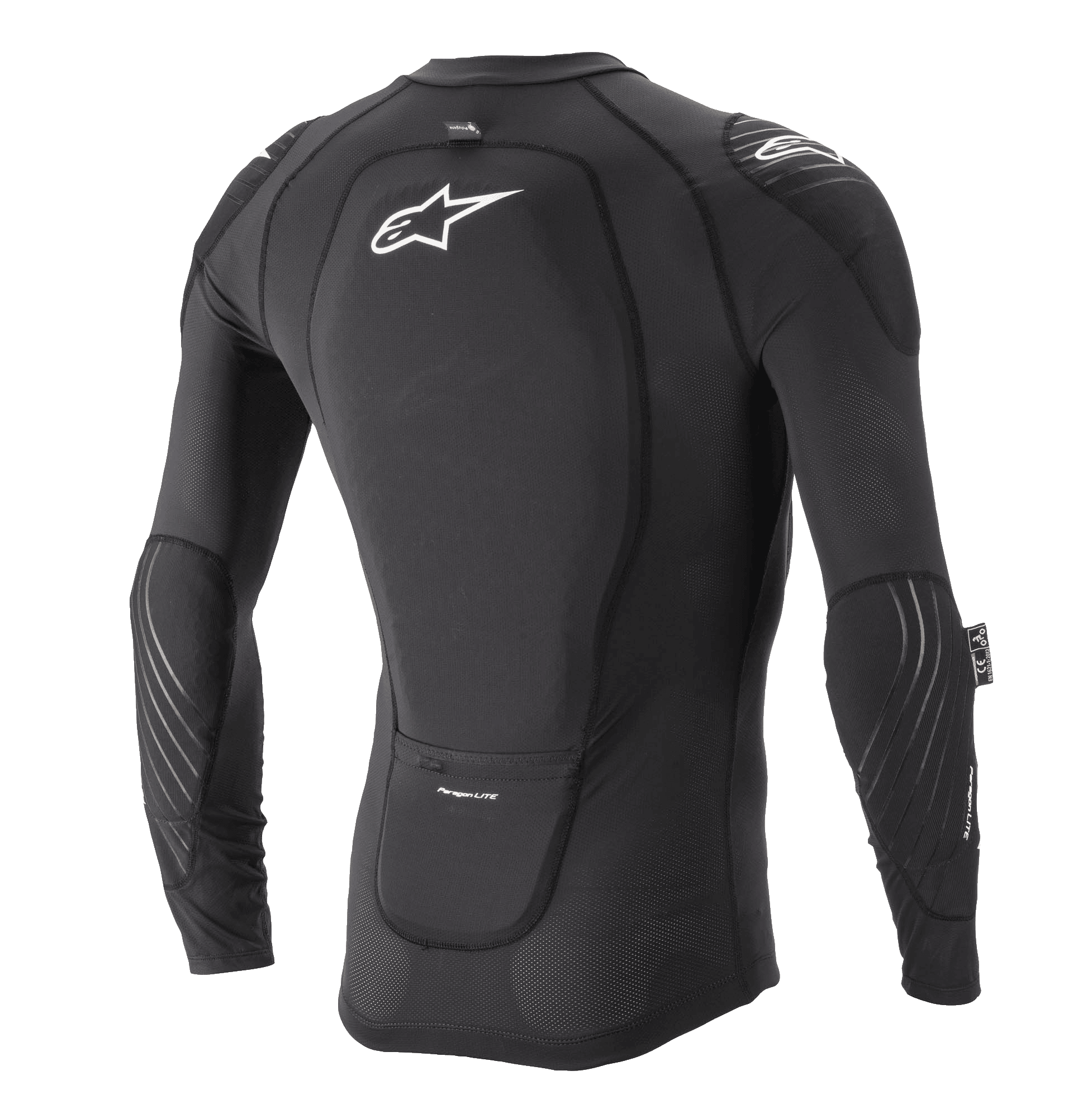 Alpinestars Paragon Lite Protection Jacket - Lange Mouwen, zwart, achteraanzicht met geïntegreerde rugbeschermer en wit Astar-logo, ademende mesh-constructie met elleboog- en schouderbescherming, lichtgewicht MTB body armor.