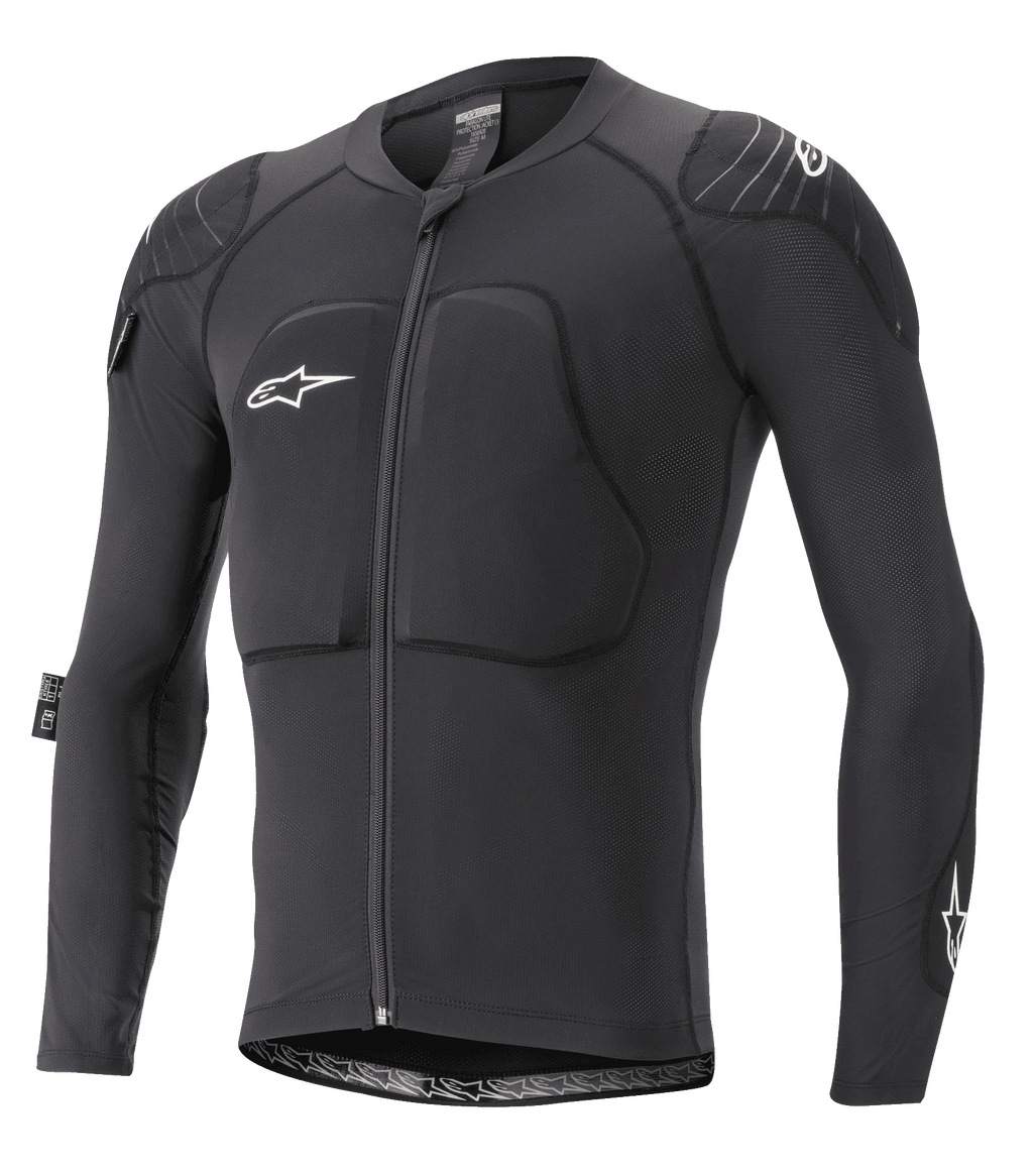 Alpinestars Paragon Lite Protection Jacket met lange mouwen, MTB bodyprotector, zwart, ademende mesh-constructie met gewatteerde borst en schouders, ritssluiting aan de voorzijde, wit sterlogo op de borst, lichtgewicht en nauwsluitend ontwerp
