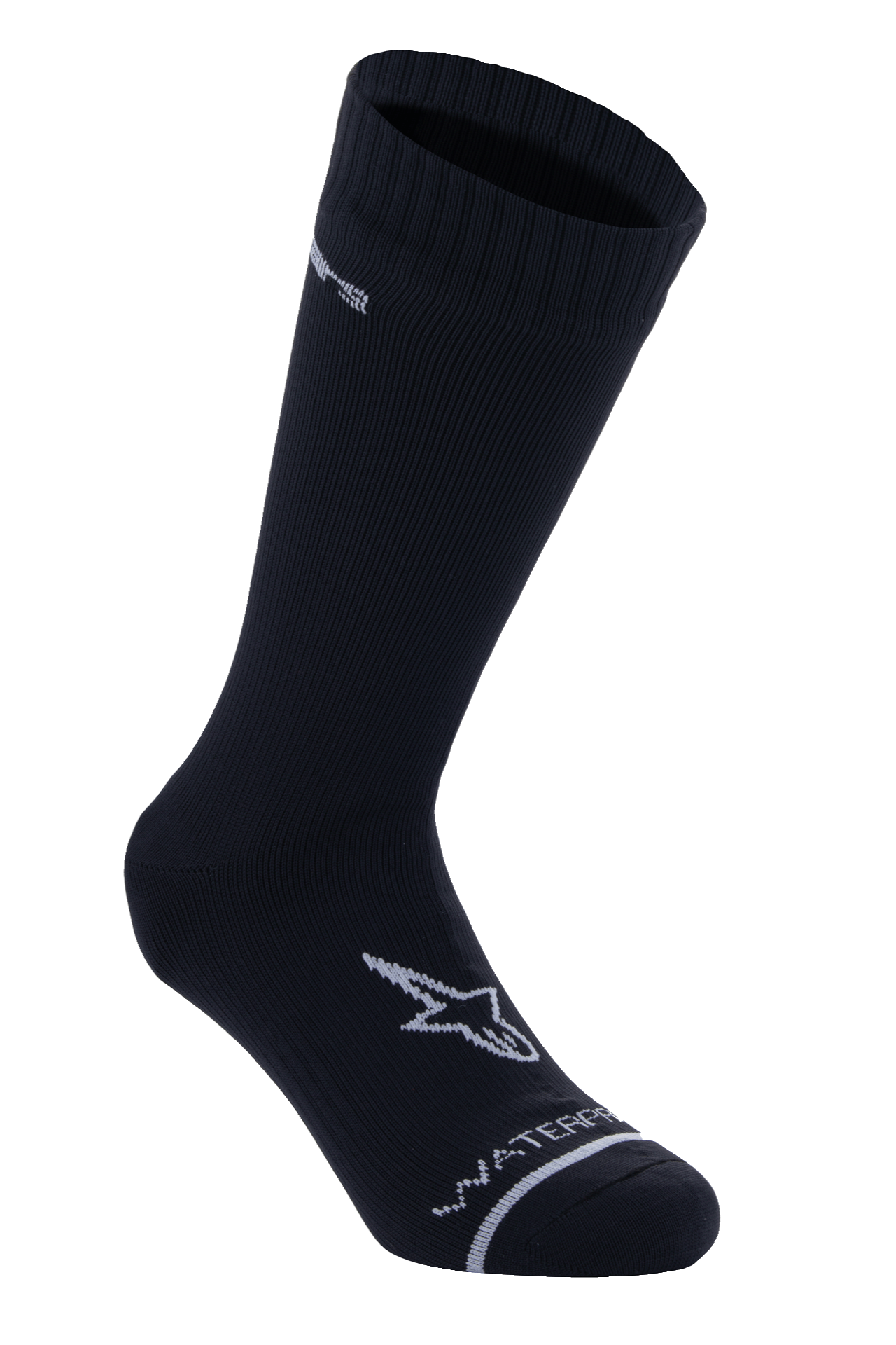 Alpinestars A-Dura waterdichte sokken, zwart, fietssokken tot de kuit, geribbelde textuur op de boord, wit A-star logo op de voet, 'Waterproof' belettering op de teen, technische MTB-basislayer