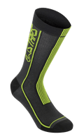 Alpinestars Summer Socks, fietssokken, zwart en felgeel, met neongele verticale strepen en ASTARS-branding, ademende mesh-constructie met geribbelde bovenrand, versterkte teen en hiel, lichtgewicht performance-uitrusting voor mountainbiken.