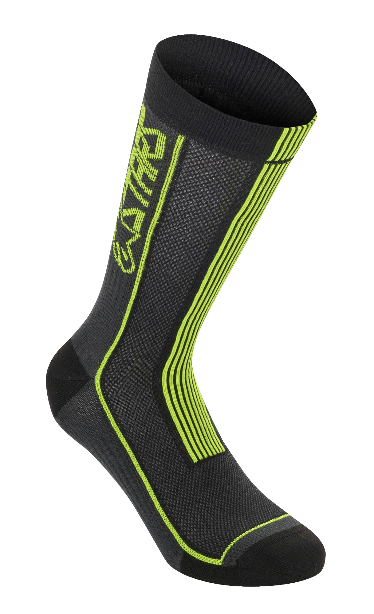 Alpinestars Summer Socks, fietssokken, zwart en felgeel, met neongele verticale strepen en ASTARS-branding, ademende mesh-constructie met geribbelde bovenrand, versterkte teen en hiel, lichtgewicht performance-uitrusting voor mountainbiken.