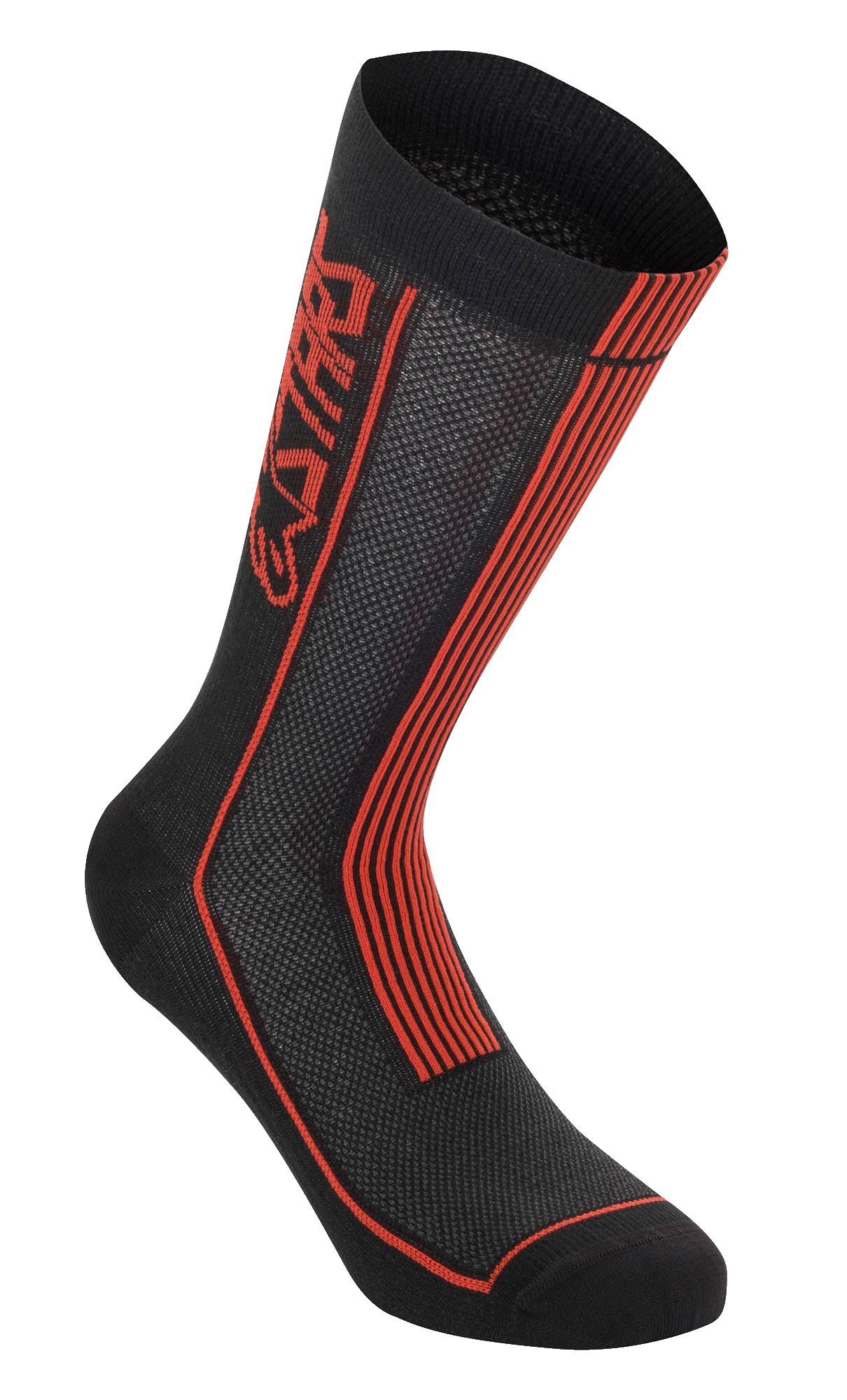 Alpinestars Summer Socks, fietssokken, zwart en helderrood, verticaal Astars-logo en rode strepen, gebreide mesh-textuur voor luchtstroom, ribconstructie voor stretch, hoogwaardige fietssokken voor rijden in warm weer