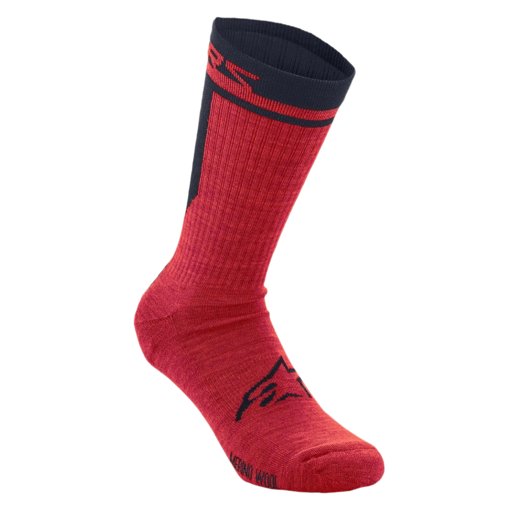 Alpinestars Merino Socks 24, fietssokken, rood en zwart, enkellaagse merinowol constructie, met een zwart Alpinestars-logo op de voet en een zwarte boord met rode branding