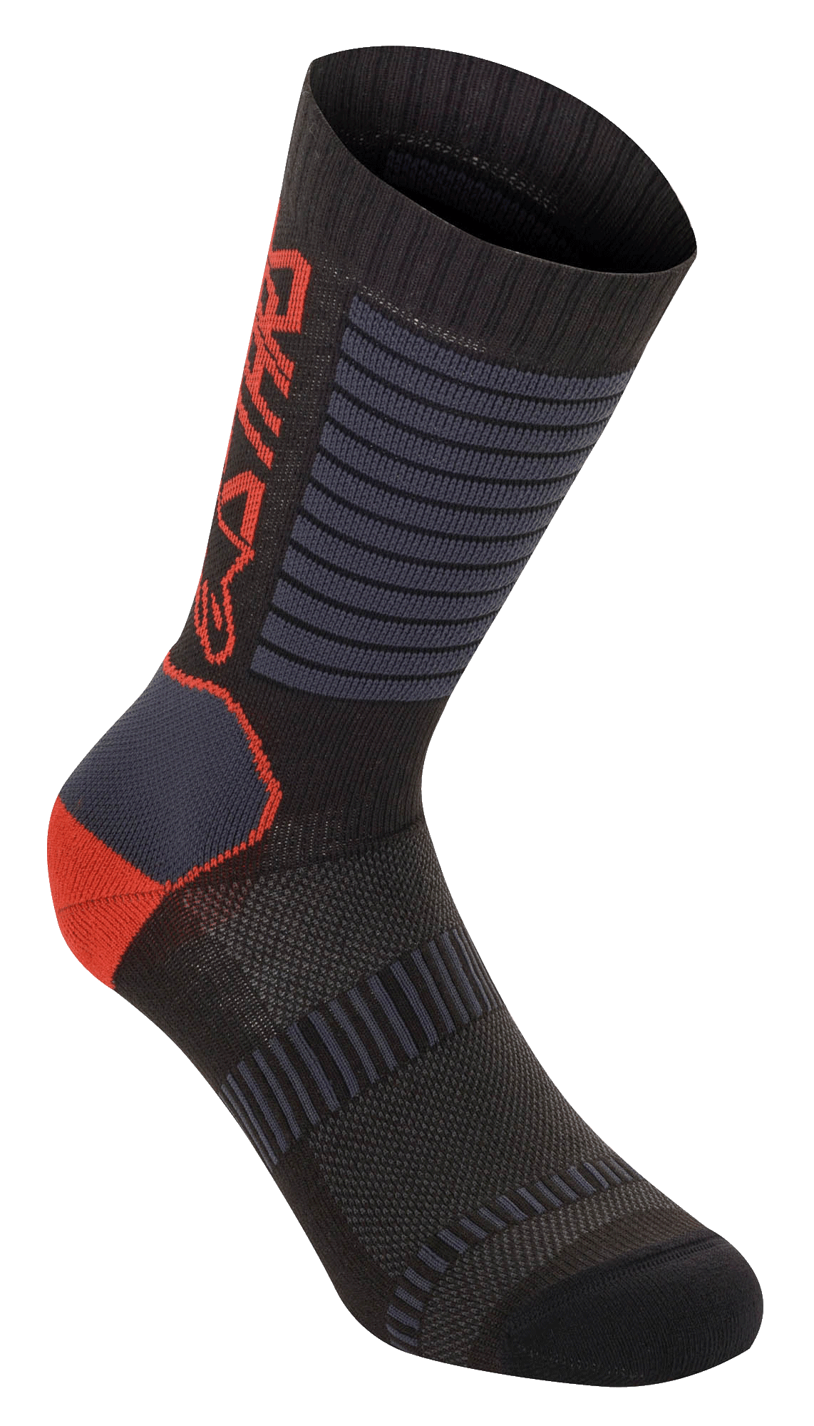 Alpinestars Paragon Lite Socks 19, technische fietssokken, zwart met felrode en grijze accenten, 19 cm middelhoge lengte, ademende mesh-panelen, geribbelde textuur voor stretch en een versterkte hiel