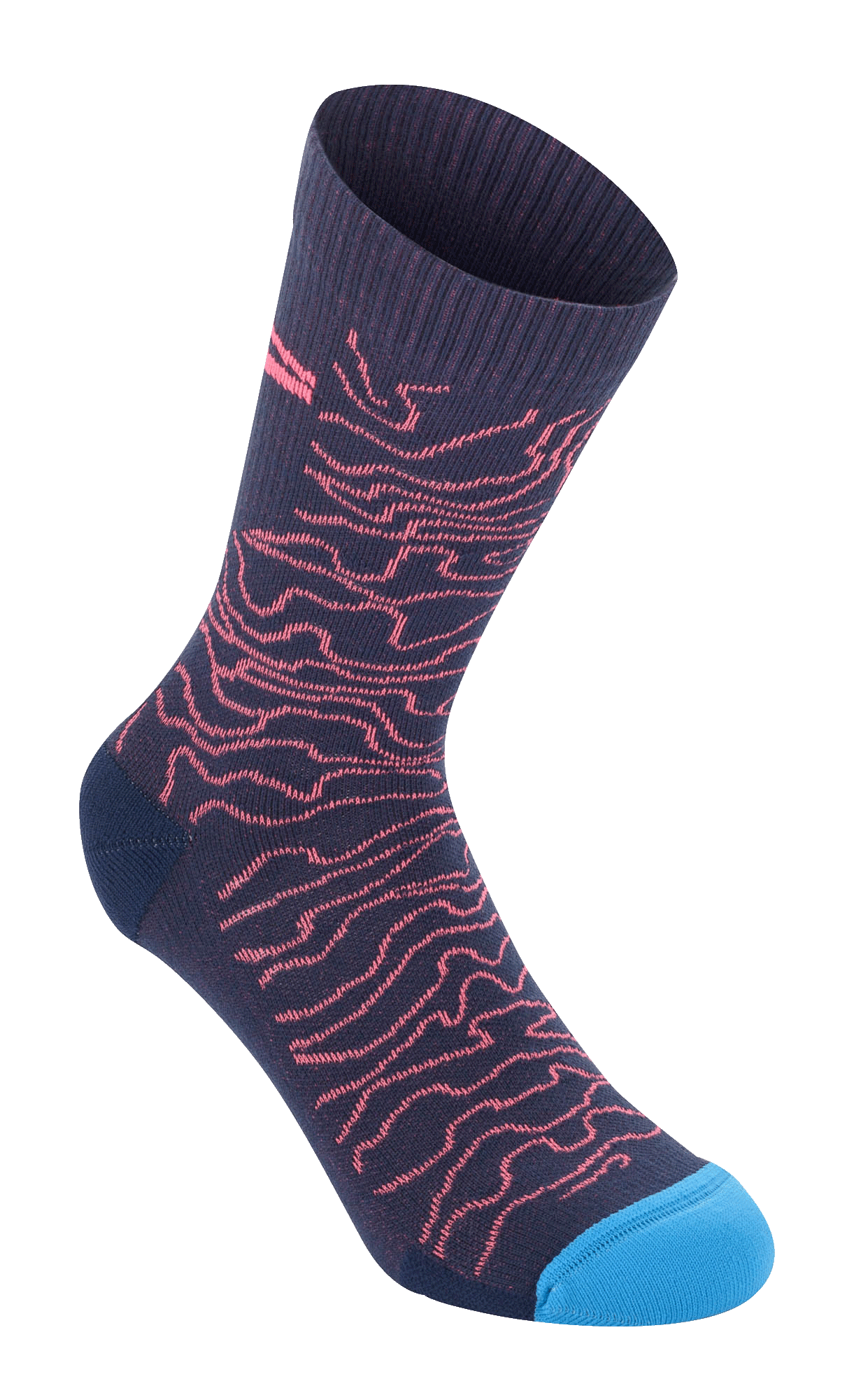 Alpinestars Drop Socks 15, donkerblauw met koraalrood golvend patroon en felblauwe teen, geribbelde textuur aan de bovenzijde, mid-calf performance fietssokken