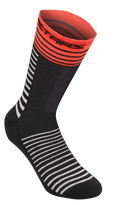 Alpinestars Drop Socks 19, MTB wielersokken, zwart met witte horizontale strepen, felrode geribbelde boord met zwart logo, lichtgewicht mesh-constructie, 19 cm lengte