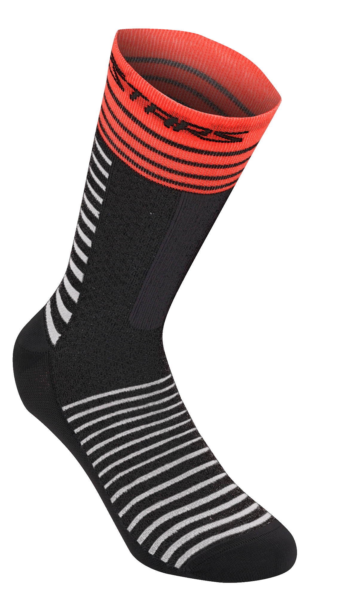Alpinestars Drop Socks 19, MTB wielersokken, zwart met witte horizontale strepen, felrode geribbelde boord met zwart logo, lichtgewicht mesh-constructie, 19 cm lengte