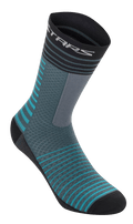 Alpinestars Drop Socks 19, fietssokken, Atlantic Ceramic en grijs, horizontaal groenblauw en zwart streepdesign, ademende mesh-constructie, mid-calf lengte, performance gear voor mountainbiken