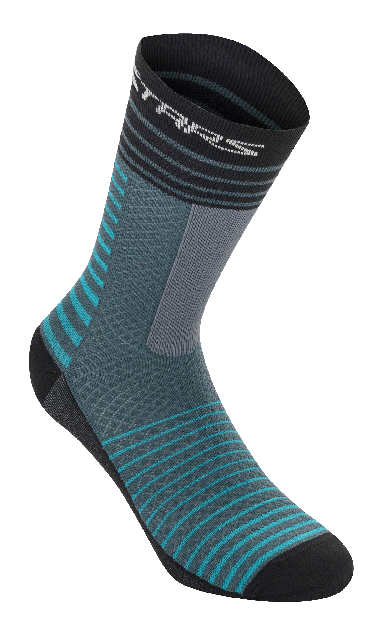Alpinestars Drop Socks 19, fietssokken, Atlantic Ceramic en grijs, horizontaal groenblauw en zwart streepdesign, ademende mesh-constructie, mid-calf lengte, performance gear voor mountainbiken