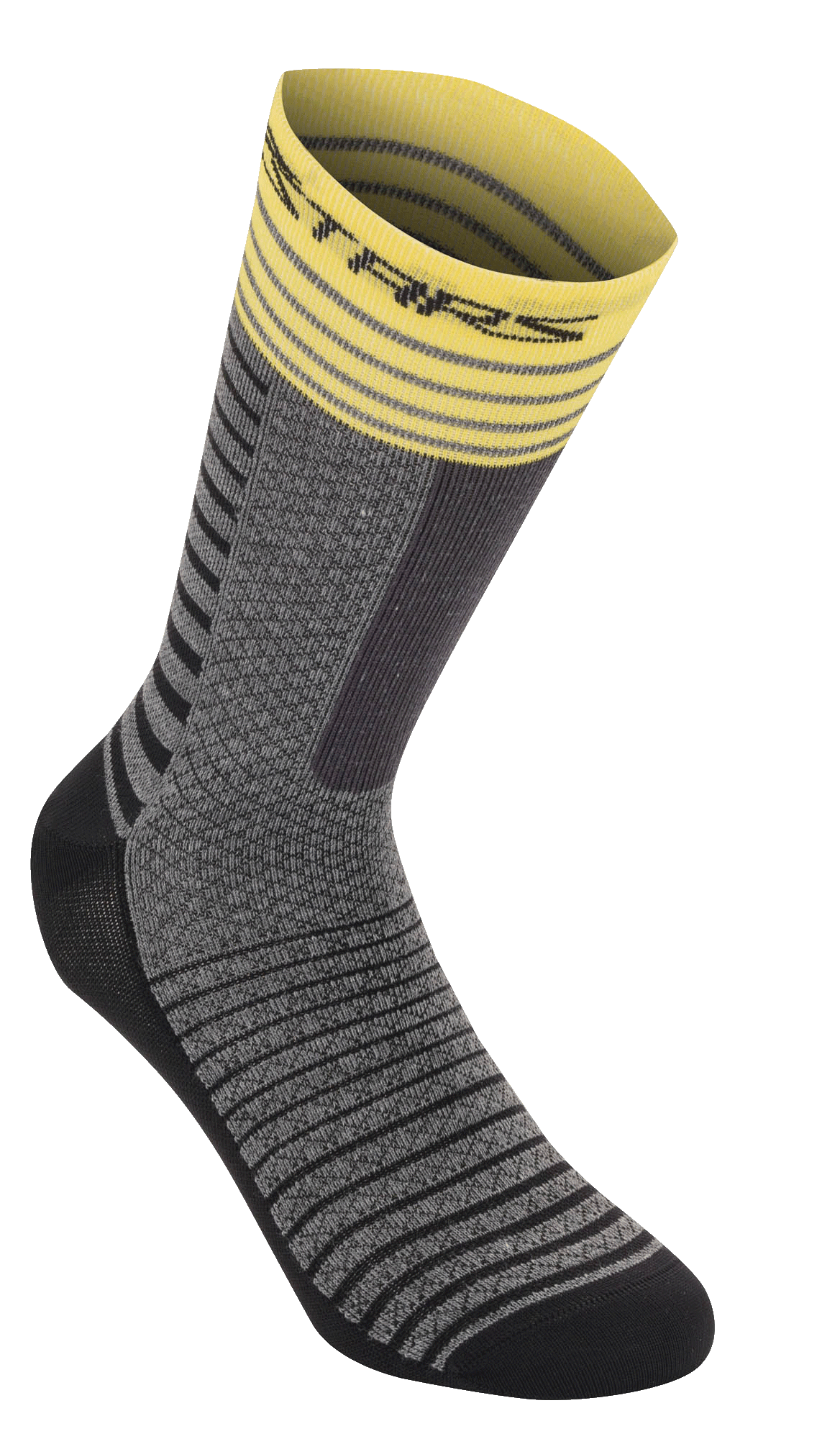 Alpinestars Drop Socks 19, fietssokken, middengrijs en geel, gele geribbelde boord met strepen, grijs getextureerd materiaal met zwarte horizontale patronen, zwarte versterkte hiel en teen, ademende performance MTB-uitrusting