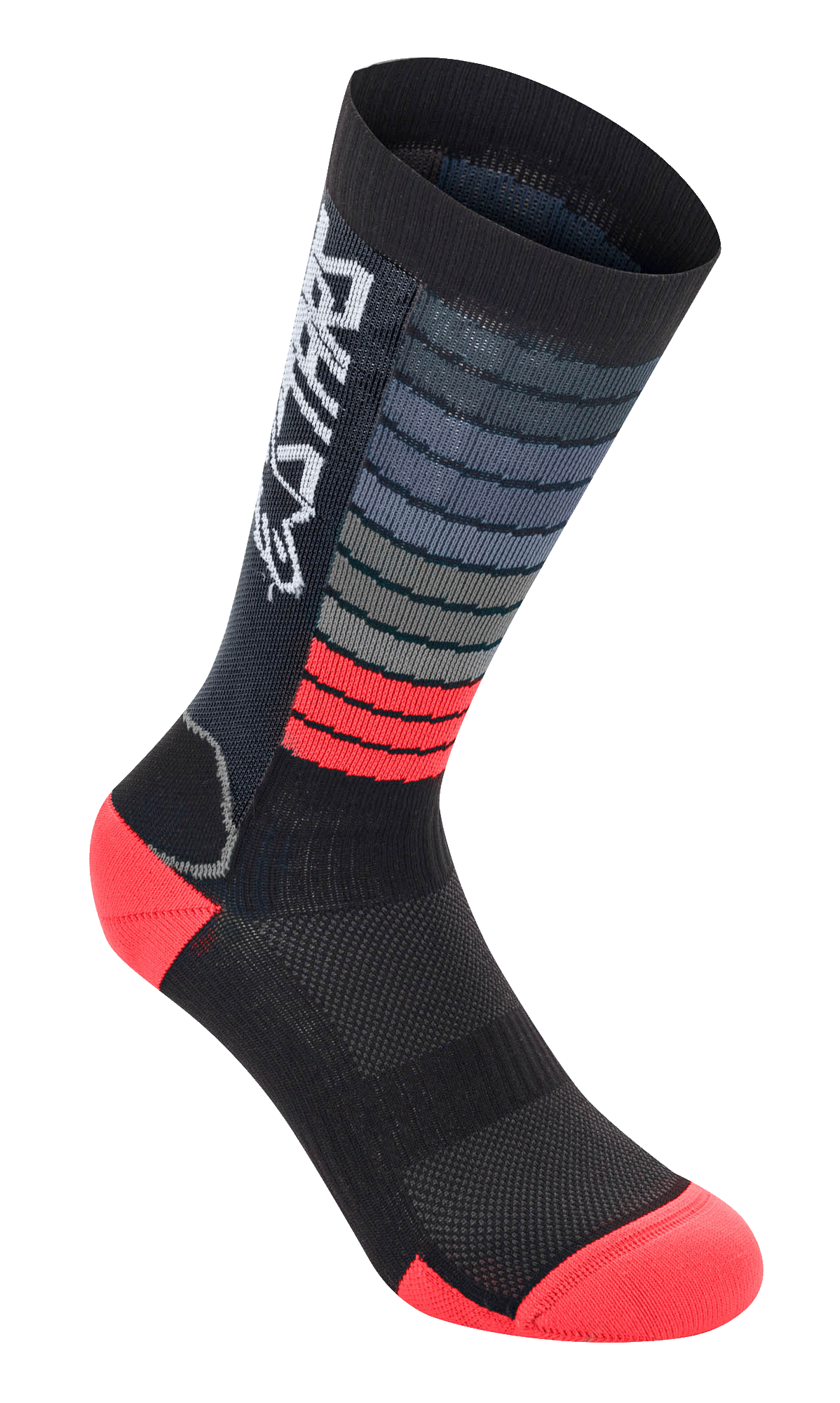 Alpinestars Drop Socks, performance cycling socks, Black and Bright Red, featuring horizontal gray and red stripes, white Astars logo on the cuff, reinforced heel and toe, mesh construction for MTB gear