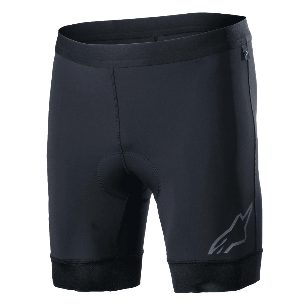 Alpinestars Alps Inner Shorts, zwarte fiets-binnenbroek met geïntegreerde gevoerde zitzone, elastische tailleband, reflecterend Astars-logo op de onderkant van de linkerpijp, rekbare synthetische stof voor prestaties en vochtafvoerend comfort