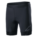 Alpinestars Alps Inner Shorts, zwarte fiets-binnenbroek met geïntegreerde gevoerde zitzone, elastische tailleband, reflecterend Astars-logo op de onderkant van de linkerpijp, rekbare synthetische stof voor prestaties en vochtafvoerend comfort