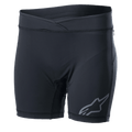 Alpinestars Stella Drop Inner Shorts voor dames, zwarte fiets-baselayer, nauwsluitende compressieshort met een crossover tailleband, grijs Alpinestars-logo op de pijp, vochtafvoerende stretchstof voor MTB en Enduro