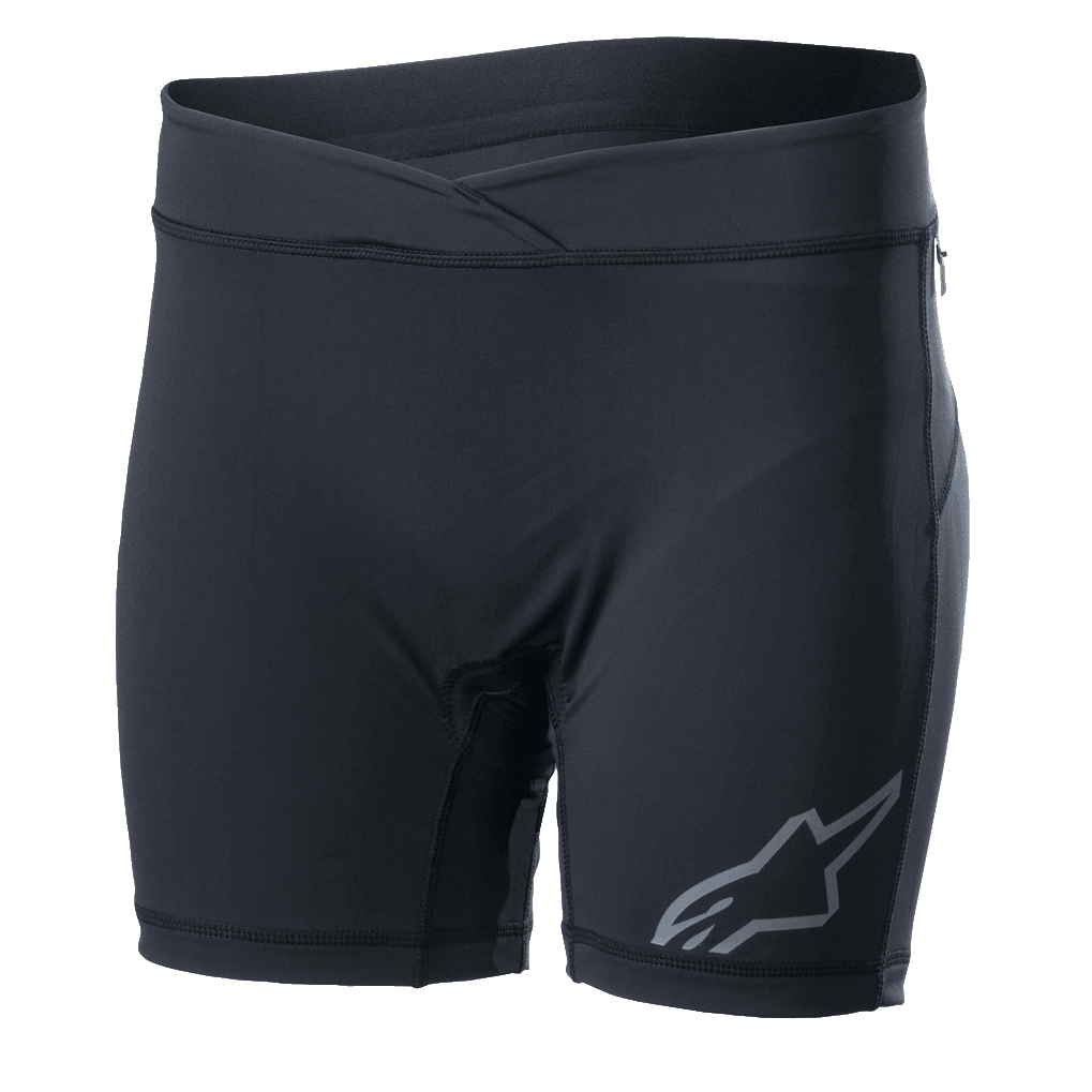 Alpinestars Stella Drop Inner Shorts voor dames, zwarte fiets-baselayer, nauwsluitende compressieshort met een crossover tailleband, grijs Alpinestars-logo op de pijp, vochtafvoerende stretchstof voor MTB en Enduro