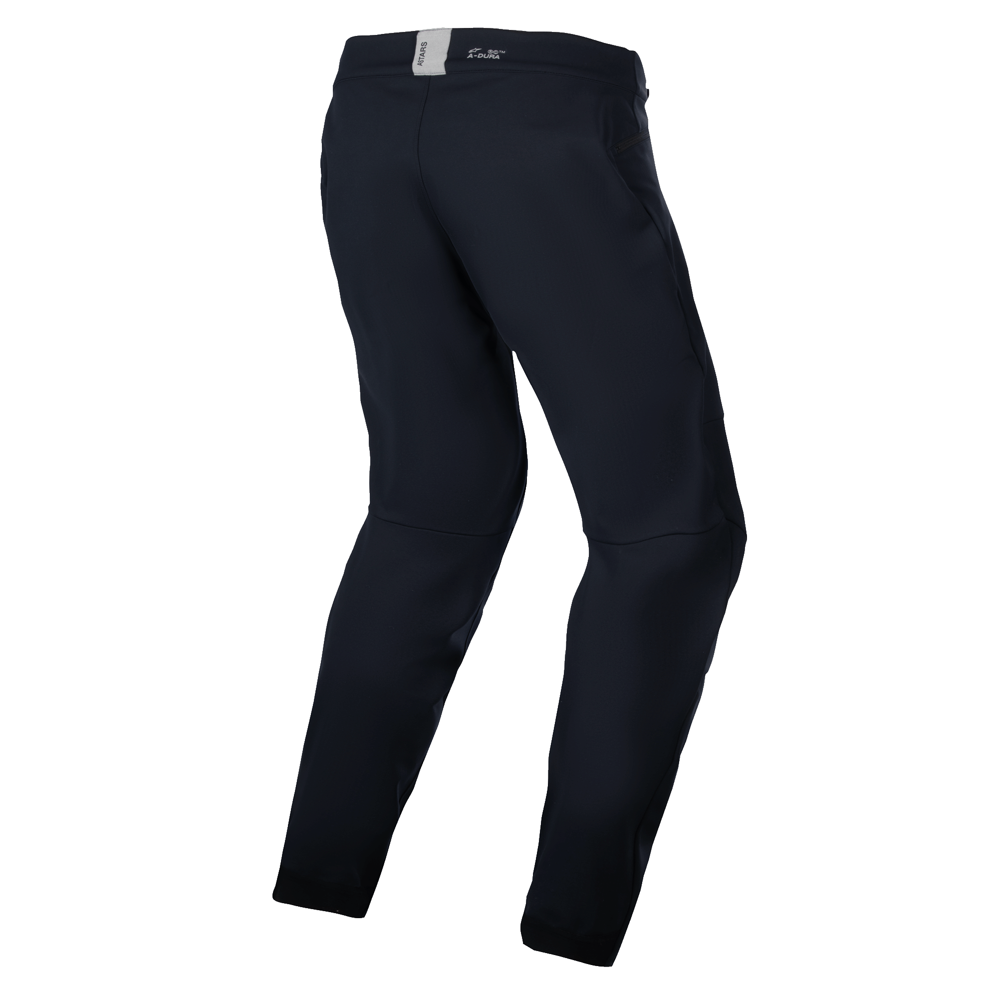 Alpinestars A-Dura Thermal Pant, mountainbikebroek, zwart, achteraanzicht met een voorgevormd anatomisch ontwerp, klein ASTARS-logo op de achterkant van de tailleband, minimalistische stijl voor trail- en enduro-rijden
