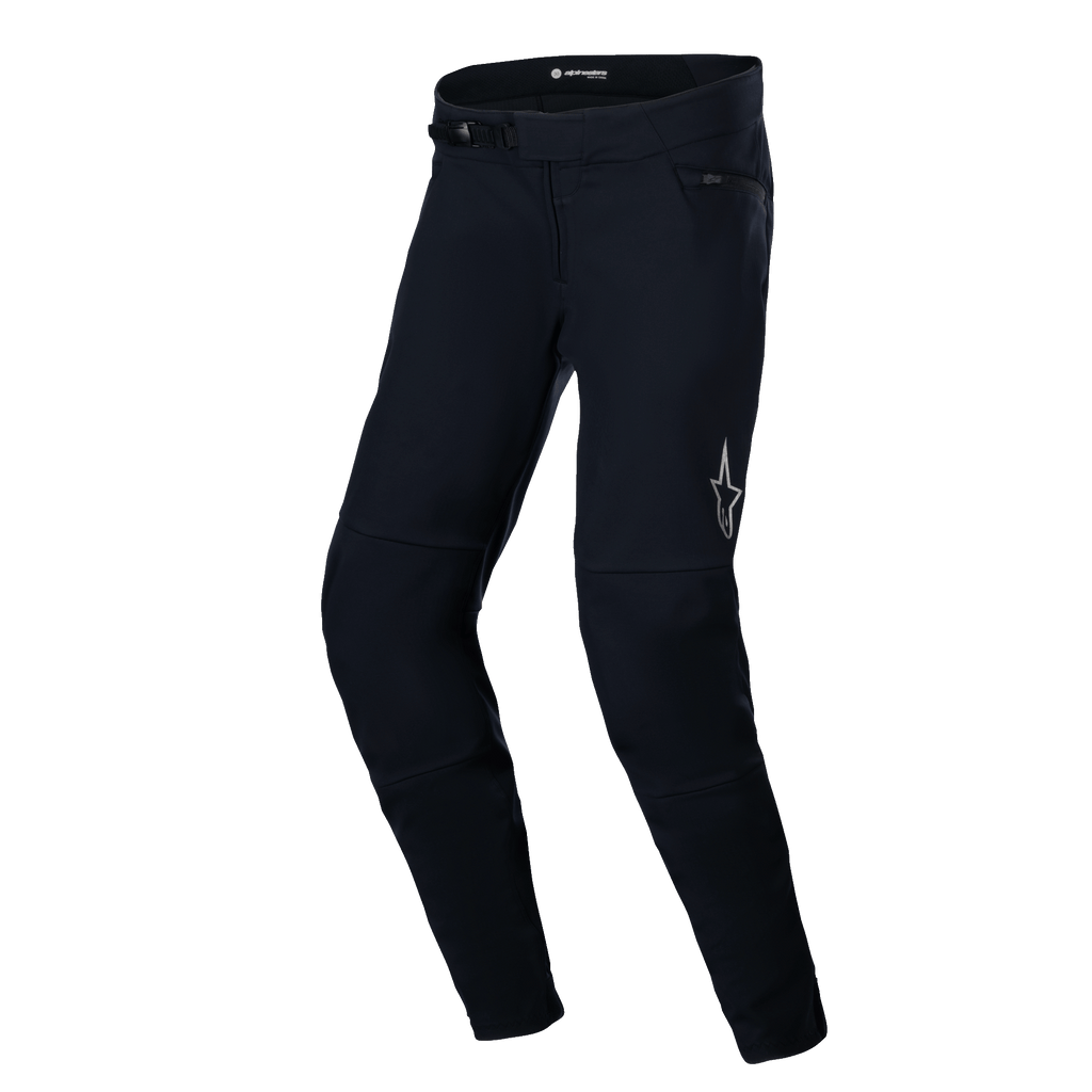 Alpinestars A-Dura Thermal Pant, mountainbike broek, zwart, voorzien van een robuuste nylon buitenkant met een ratelsluitsysteem, een reflecterend sterlogo op het linkerdijbeen en een anatomisch voorgevormde pasvorm voor comfort tijdens off-road ritten.