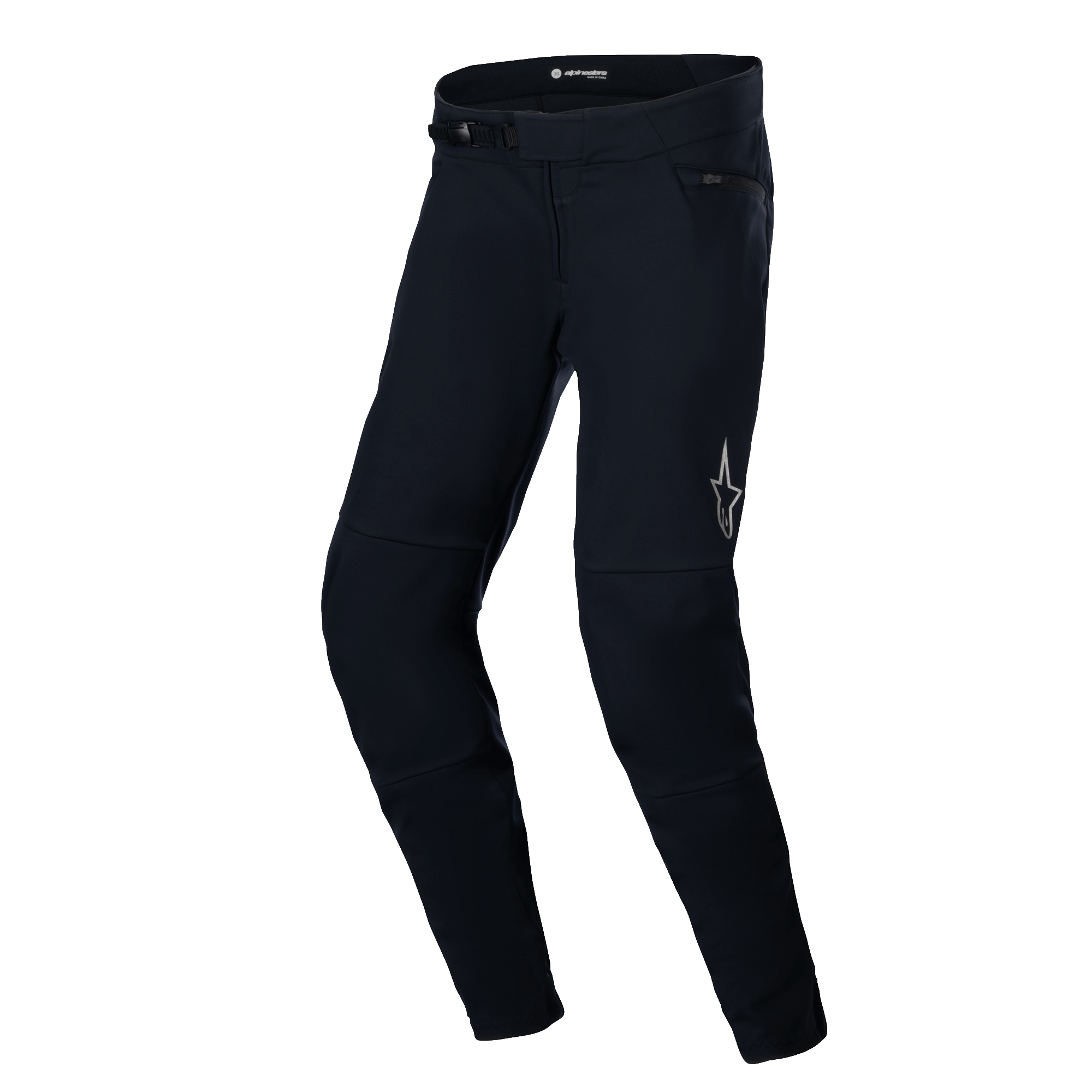 Alpinestars A-Dura Thermal Pant, mountainbike broek, zwart, voorzien van een robuuste nylon buitenkant met een ratelsluitsysteem, een reflecterend sterlogo op het linkerdijbeen en een anatomisch voorgevormde pasvorm voor comfort tijdens off-road ritten.