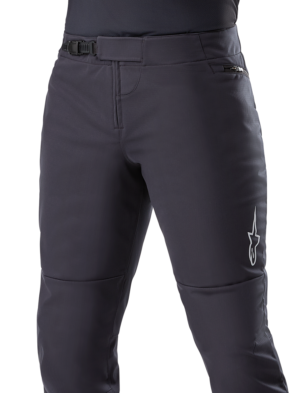 Alpinestars A-Dura Thermal Pant, zwarte MTB-broek, voorzien van een veilige ratelsluiting en heupzak met rits, wit sterlogo op de zijkant, voorgevormde pasvorm voor rijcomfort, duurzaam thermisch materiaal voor fietsen in koud weer