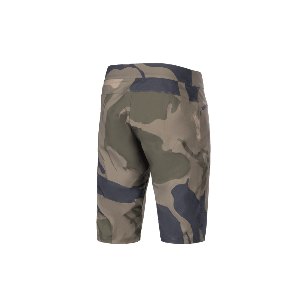 Alpinestars A-Dura Camo Liner Shorts, heren MTB cycling shorts, camouflage en bruin, achteraanzicht met duurzame 2-weg stretchstof en details van ritszakken