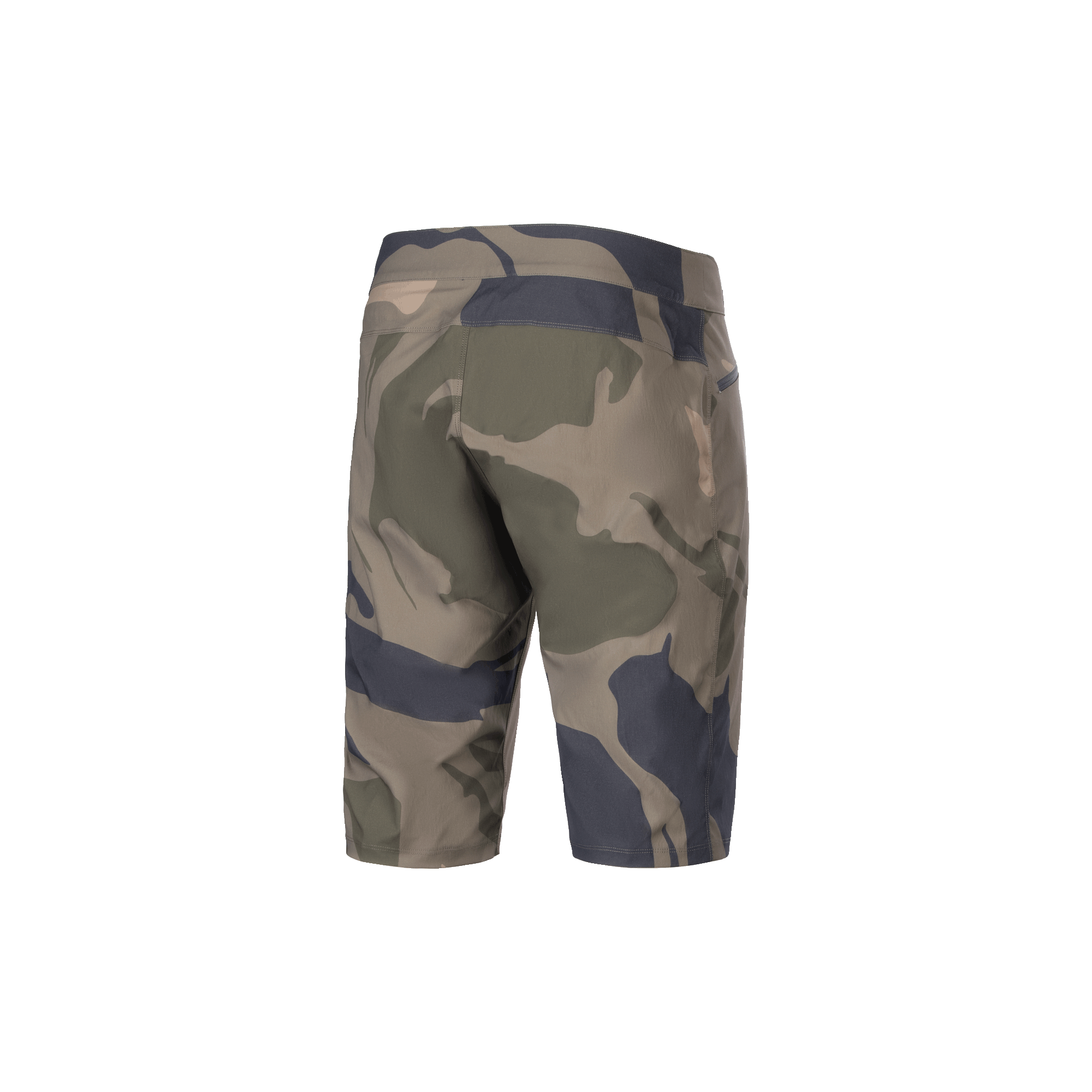 Alpinestars A-Dura Camo Liner Shorts, heren MTB cycling shorts, camouflage en bruin, achteraanzicht met duurzame 2-weg stretchstof en details van ritszakken