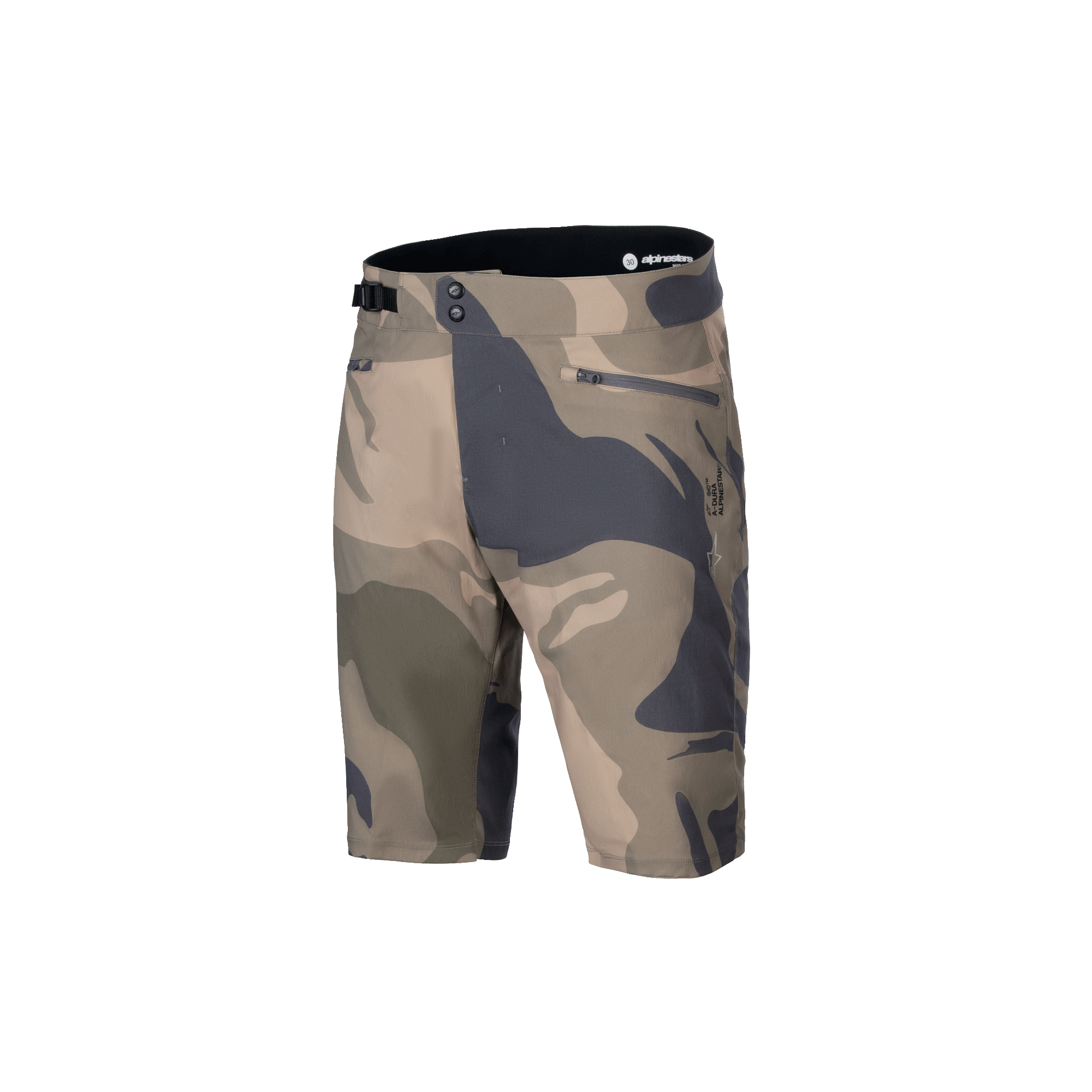 Alpinestars A-Dura Camo Liner Short, heren MTB-fietsshort, camouflage en bruin, duurzame 2-weg stretchstof met ritszakken en verstelbare taille