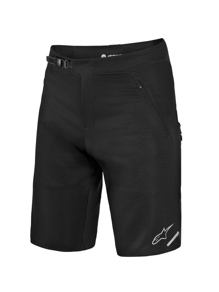 Alpinestars A-Dura Elite Flex Shorts in black, featuring a ratchet closure and silver logo for mountain bike performance.