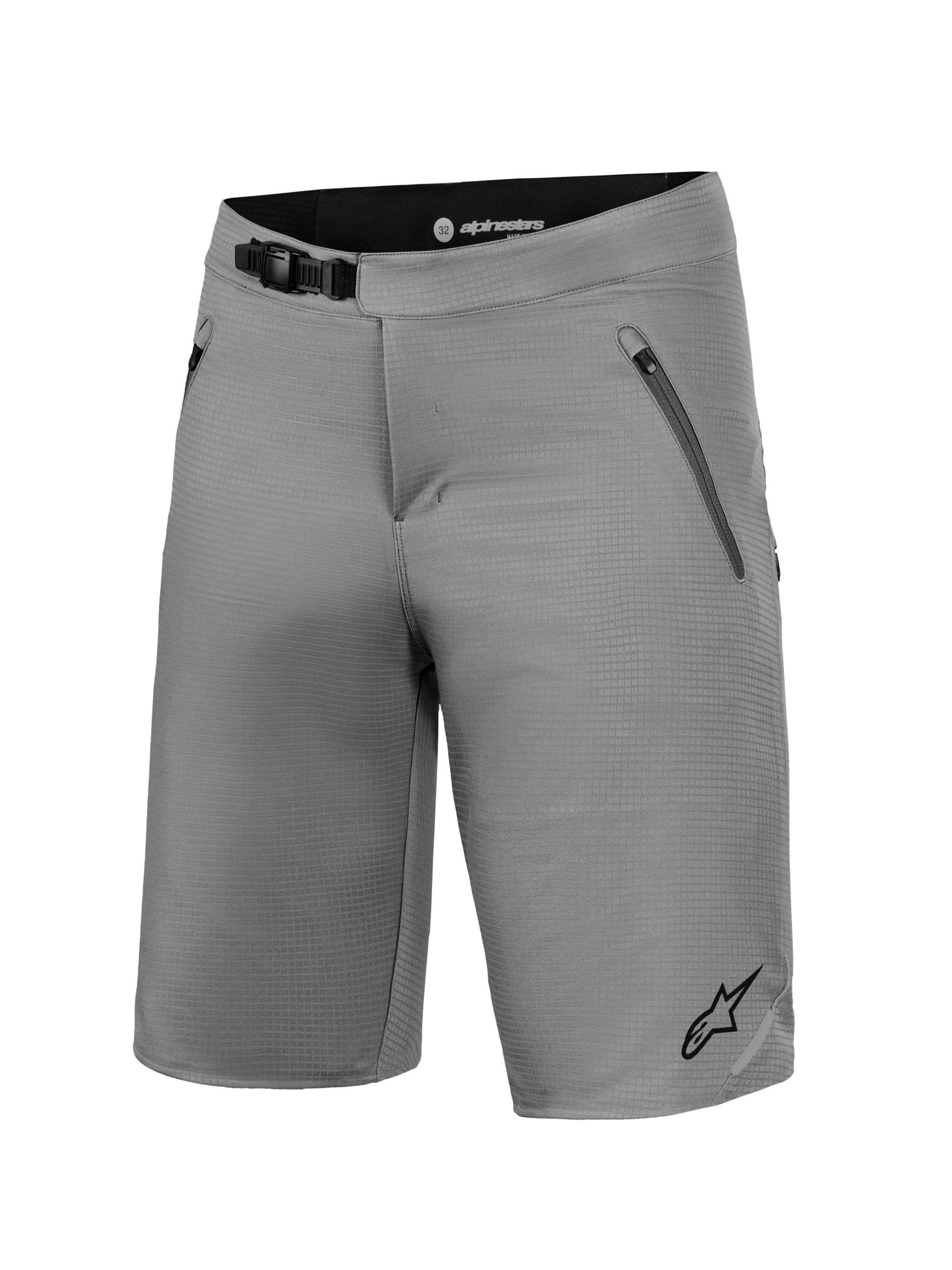 Gray A-Dura Elite Flex Shorts for mountain biking, featuring stretch ripstop fabric, ratchet closure, and zippered pockets.