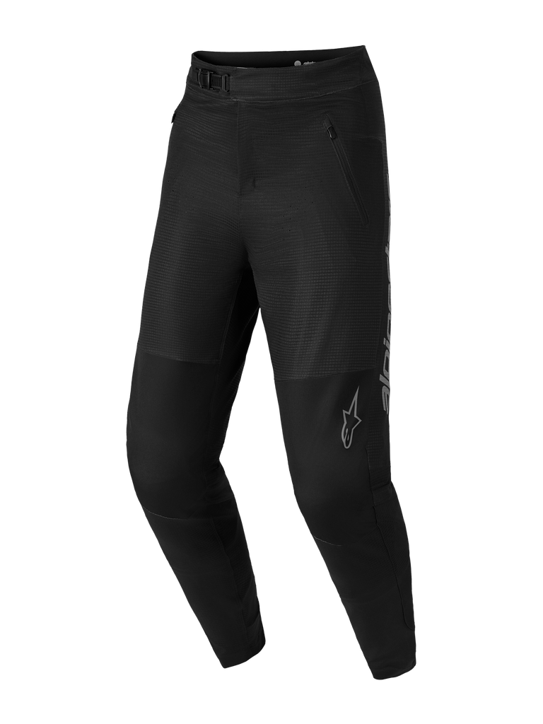 Zwarte A-Dura Elite Flex MTB-broek met 4-way stretchstof, ratelsluiting en grijze Alpinestars-logo's.
