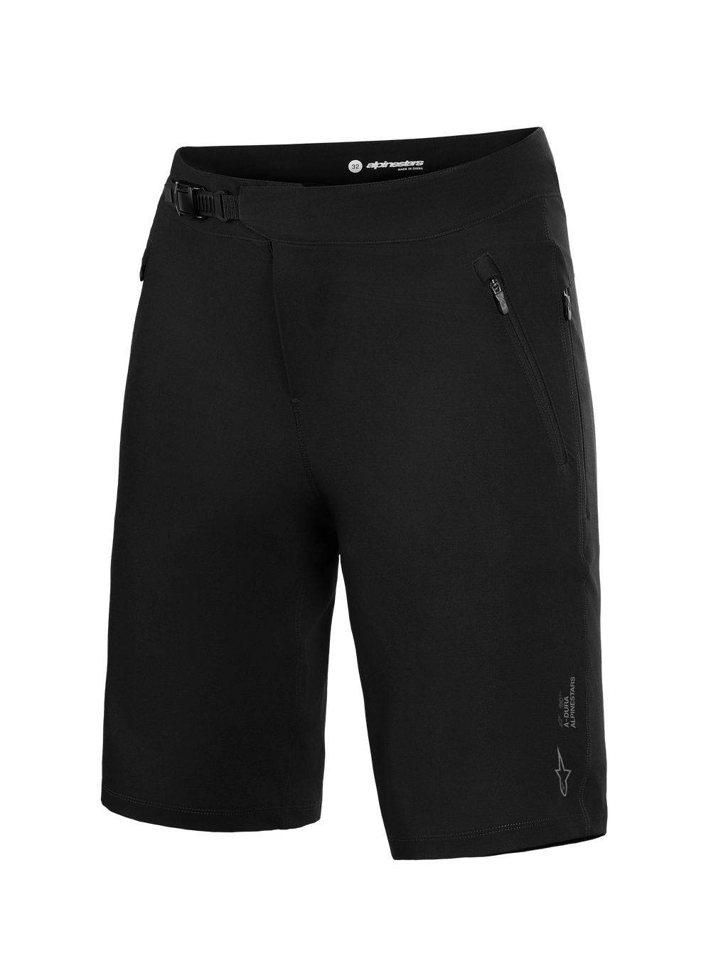 Zwarte Alpinestars A-Dura Ride MTB-shorts met een ratelsluiting en zakken met rits voor optimale trailprestaties.