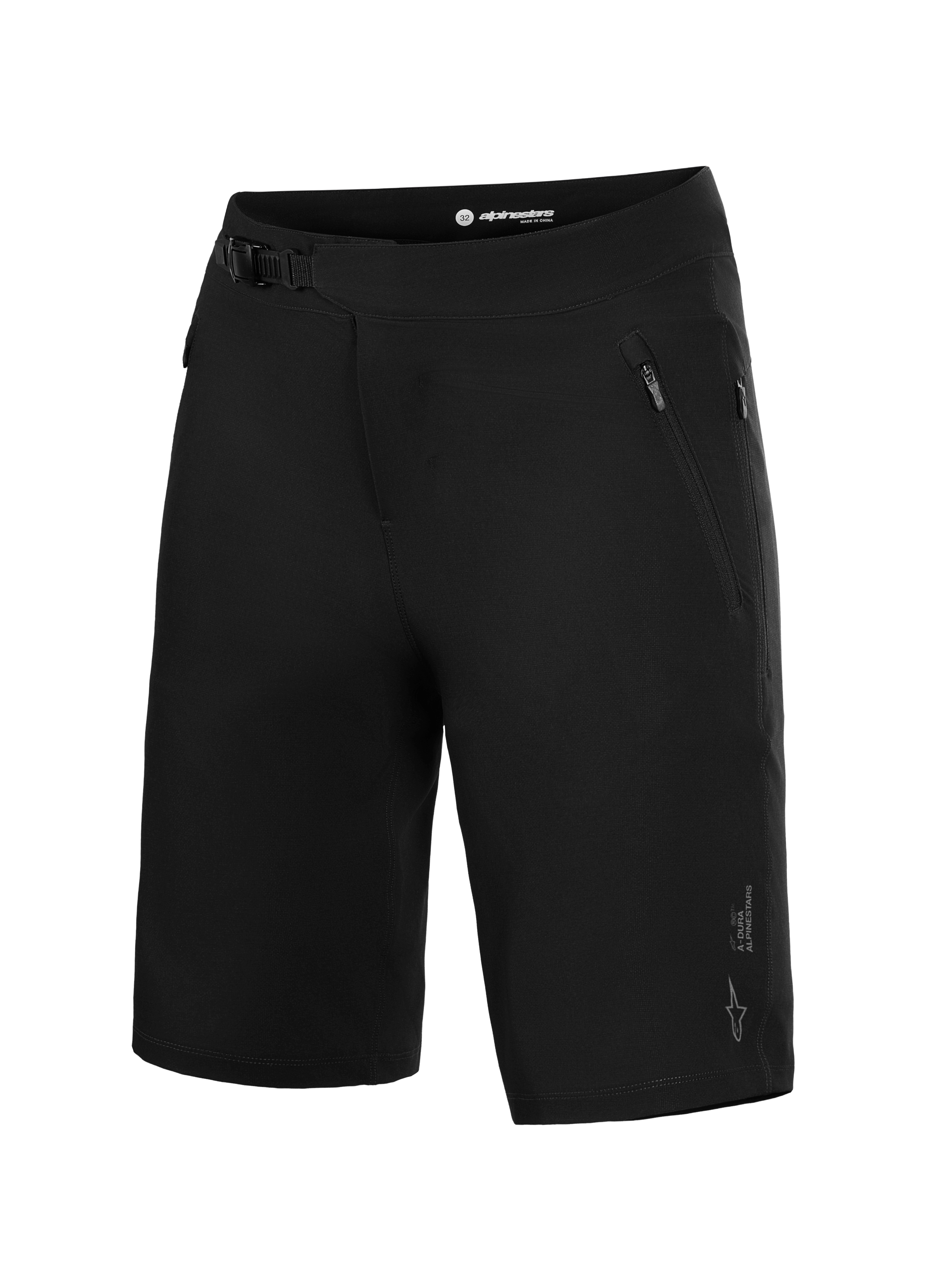 Zwarte Alpinestars A-Dura Ride MTB-shorts met een ratelsluiting en zakken met rits voor optimale trailprestaties.