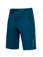Blauwgroene A-Dura Ride MTB-shorts met een ratelsluiting aan de voorzijde en een klein geel Alpinestars-logo op de pijp.