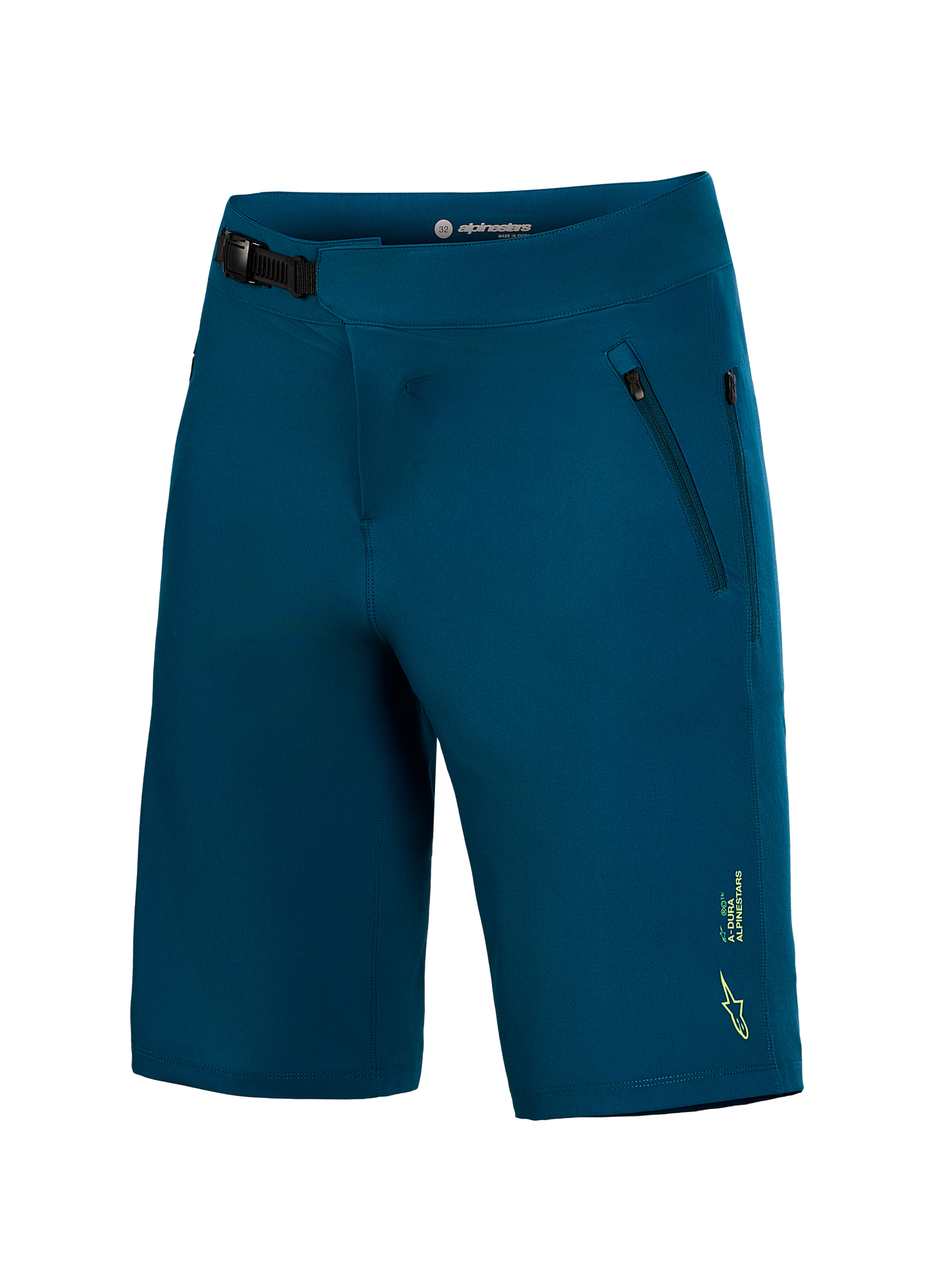 Blauwgroene A-Dura Ride MTB-shorts met een ratelsluiting aan de voorzijde en een klein geel Alpinestars-logo op de pijp.