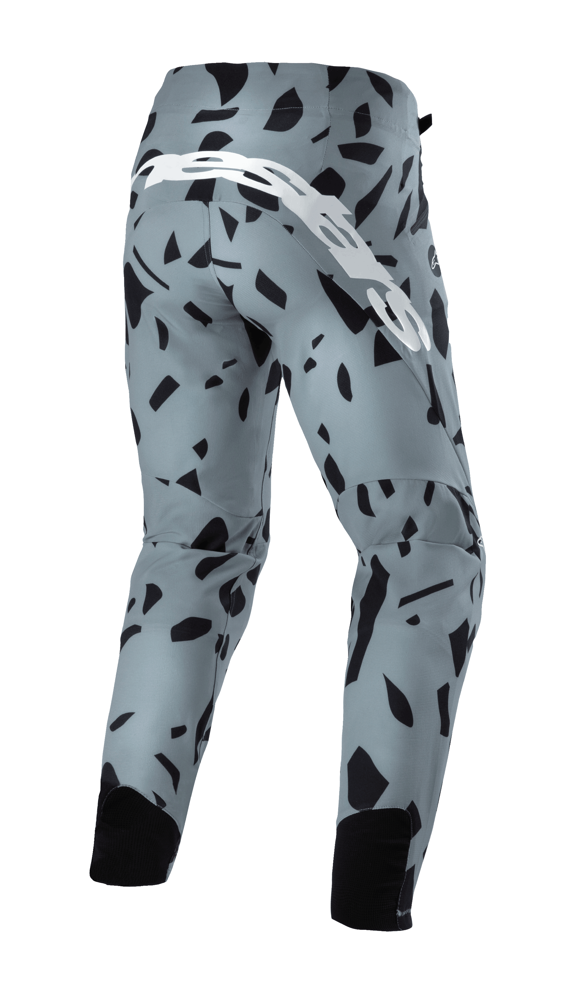 Alpinestars Techstar Envision Pants, Mountain Bike Pants, Ash Blue with black abstract geometric pattern, back view featuring large white script logo and black mesh calf panels, durable off-road cycling gear