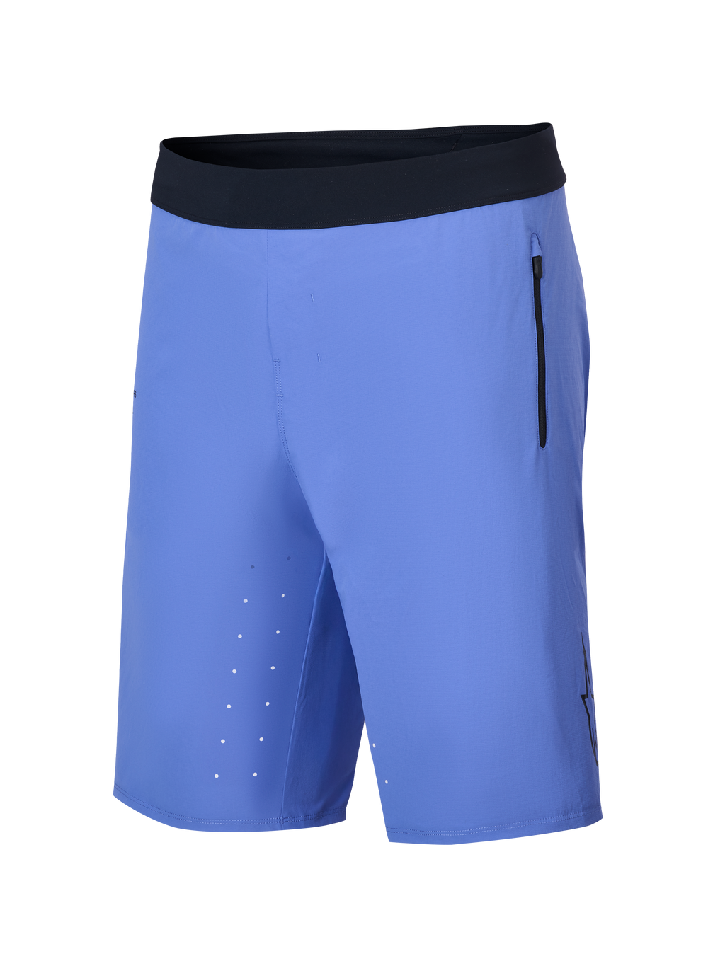 Alpinestars A-Aria Lite Short, mountainbike short, Baja Blue, voorzien van een zwarte ultrazachte tailleband, verticale zijzak met rits, lasergesneden ventilatieopeningen aan de binnenkant van de dij en een lichtgewicht prestatiegerichte pasvorm voor trailrijden.