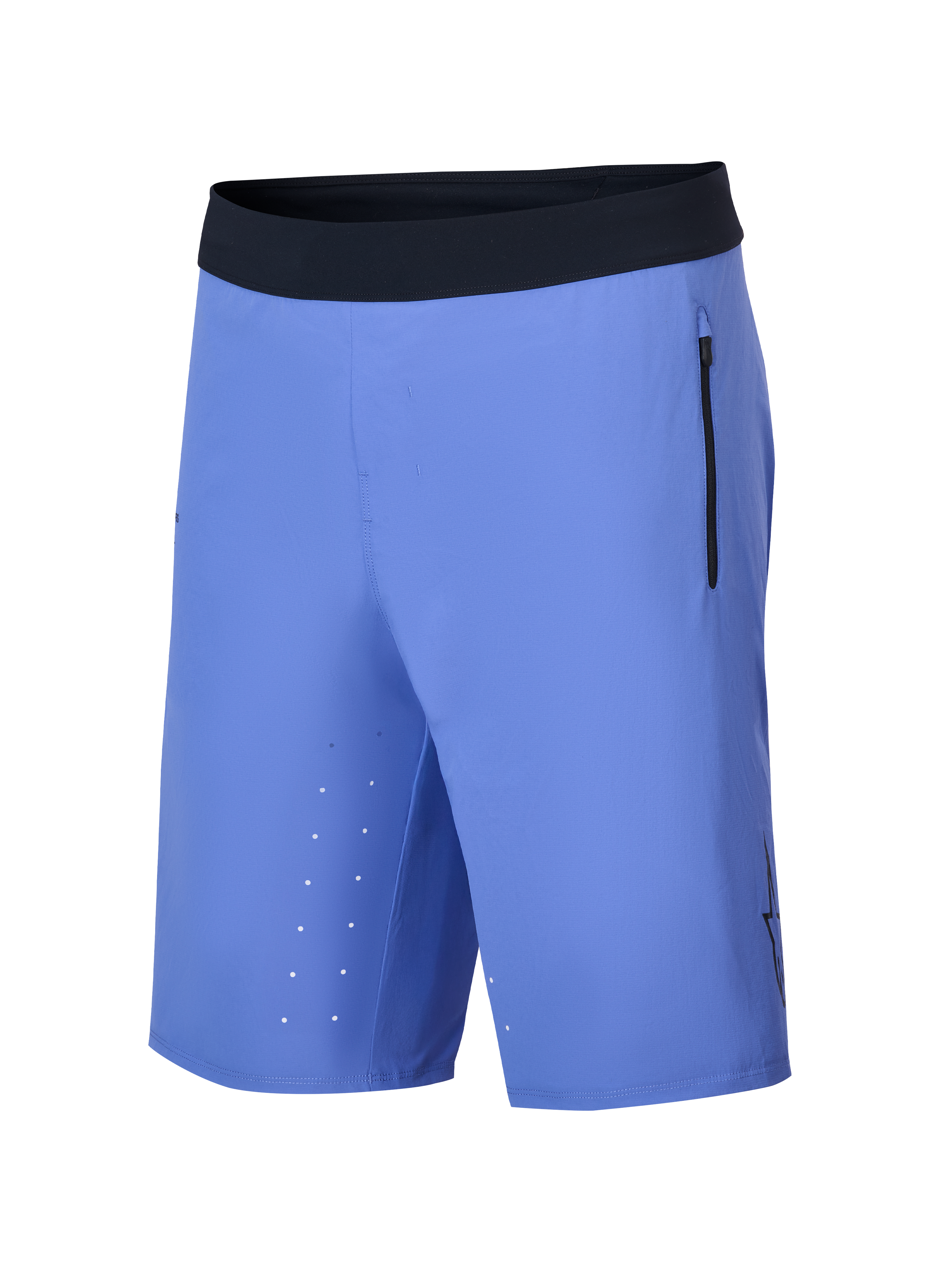 Alpinestars A-Aria Lite Short, mountainbike short, Baja Blue, voorzien van een zwarte ultrazachte tailleband, verticale zijzak met rits, lasergesneden ventilatieopeningen aan de binnenkant van de dij en een lichtgewicht prestatiegerichte pasvorm voor trailrijden.