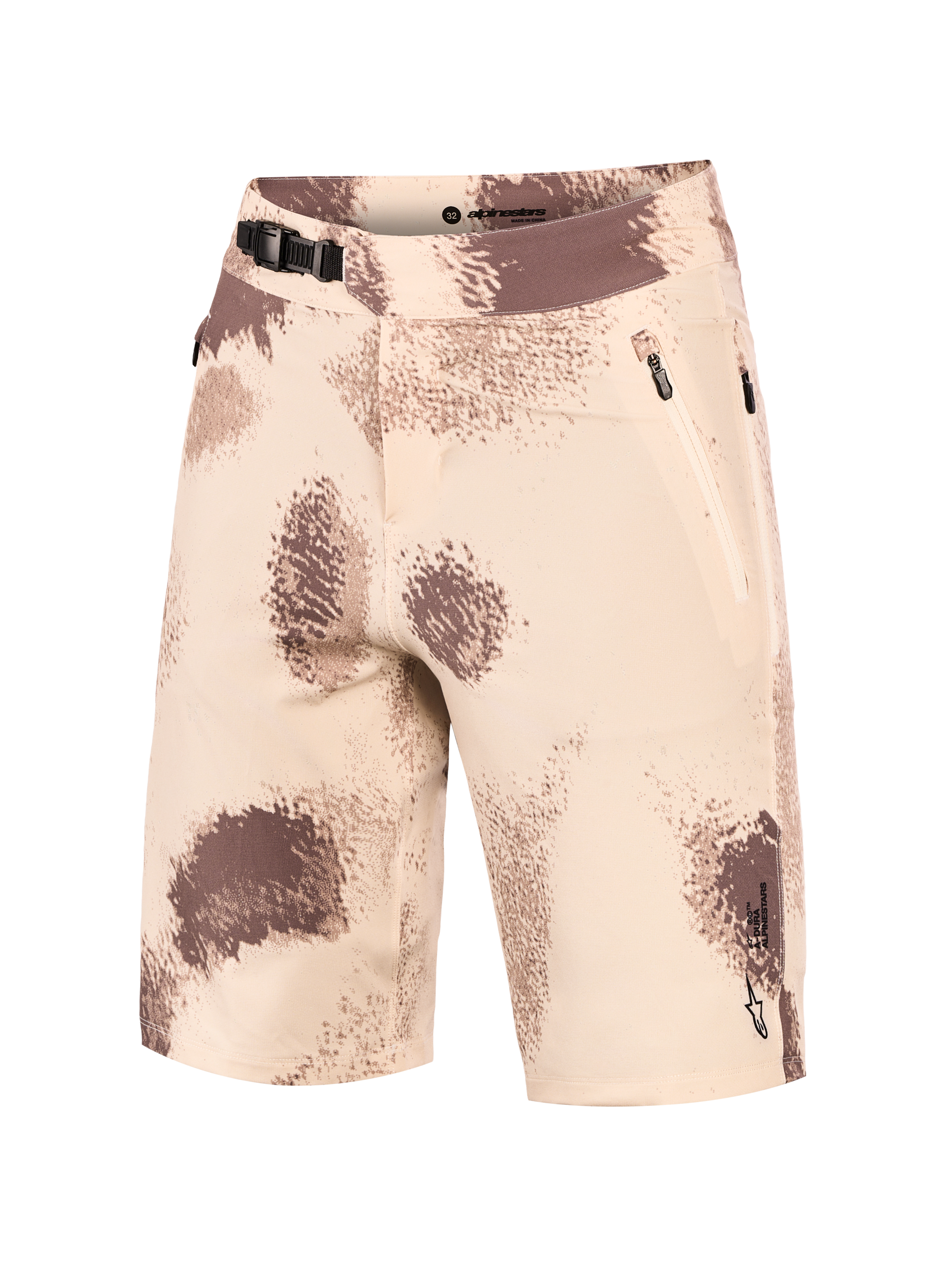 Sand Camo A-Dura Ride shorts van Alpinestars met ratelsluiting, ritszakken en duurzame 4-way stretch MTB-stof.