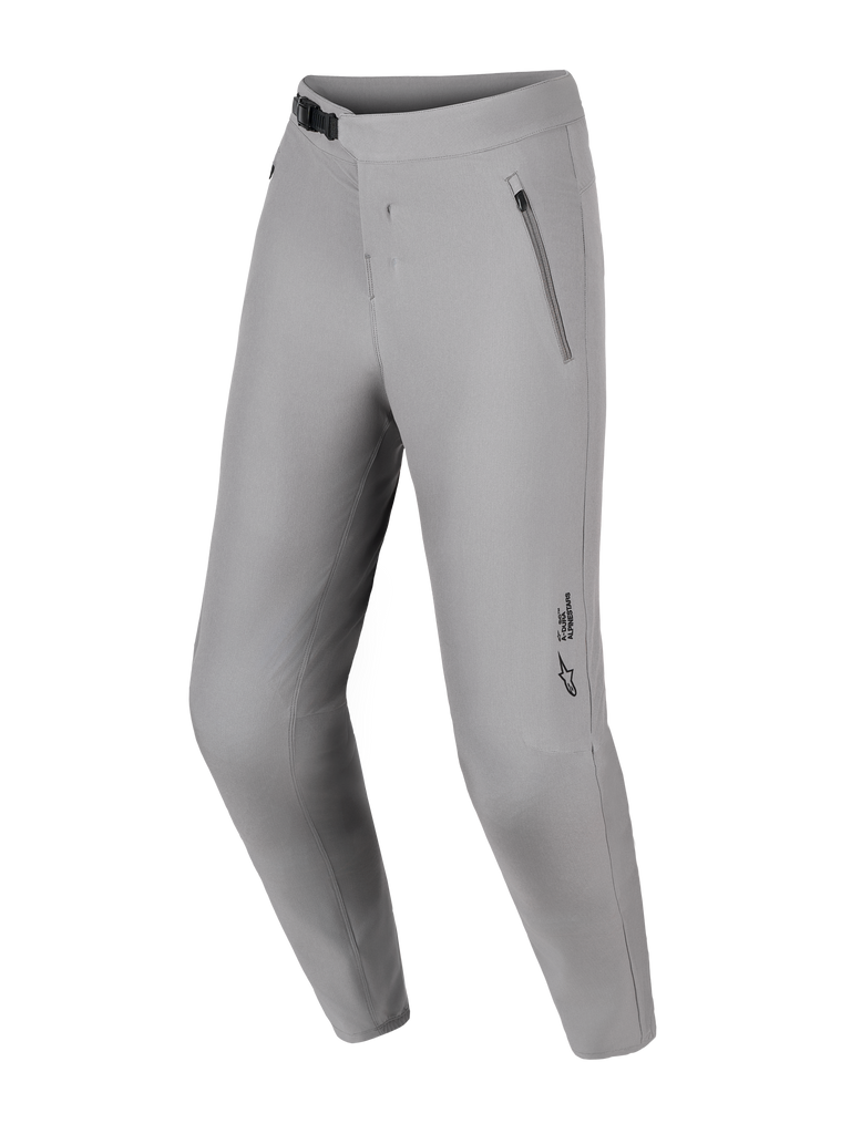 Alpinestars A-Dura Ride MTB Pants in gray, featuring 4-way stretch fabric, ratchet closure, and zippered side pockets.