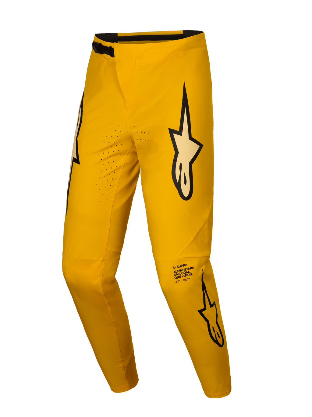 Alpinestars Beperkte Oplage A-Supra Melt Gold broek, MTB-fietsbroek in geel met laserperforaties en kenmerkende branding