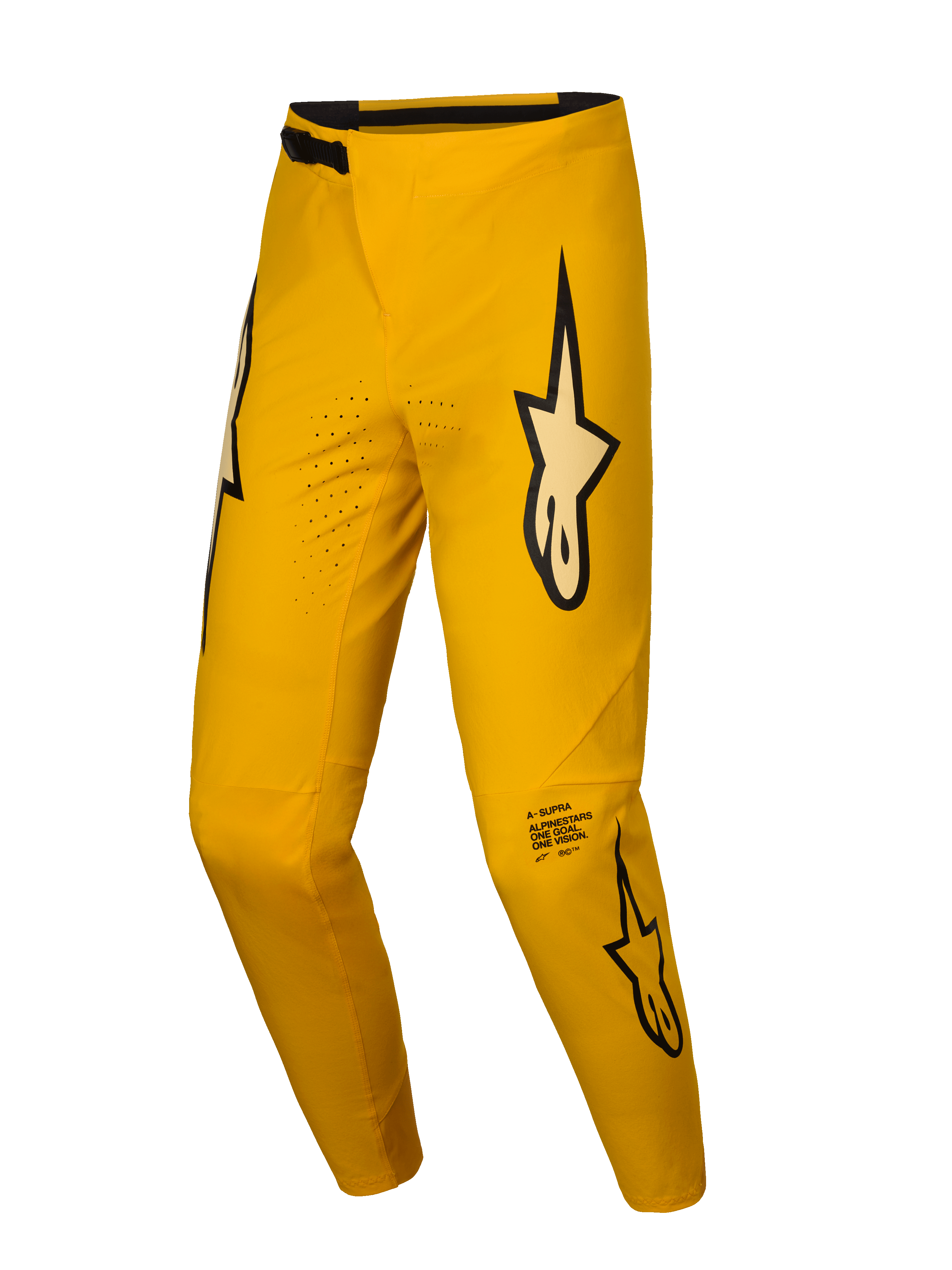 Alpinestars Beperkte Oplage A-Supra Melt Gold broek, MTB-fietsbroek in geel met laserperforaties en kenmerkende branding