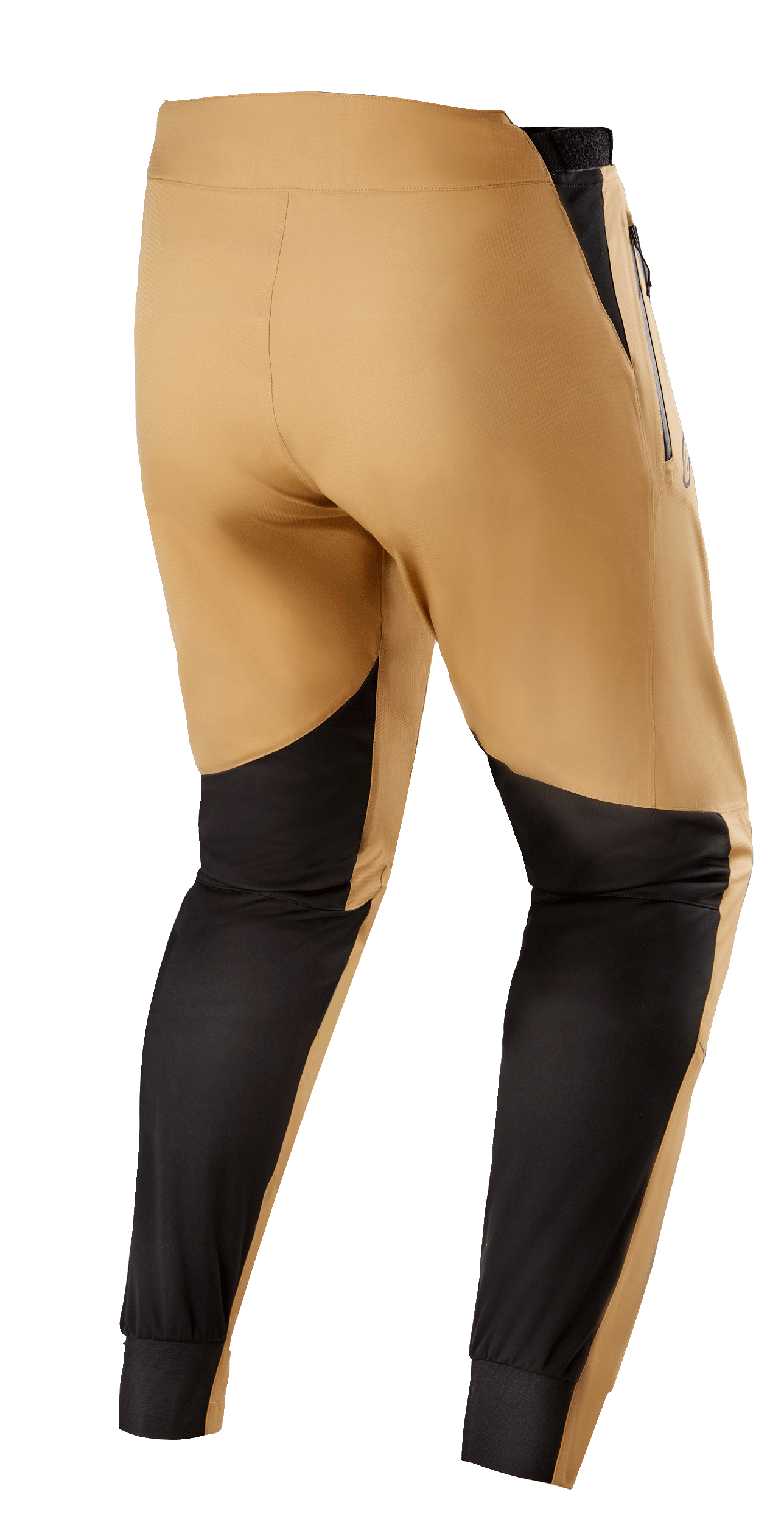 Alpinestars Tahoe 8.1 Waterproof broek, MTB waterdichte broek, khaki en zwart, achteraanzicht met zwarte versterkte panelen op de kuiten, verstelbare tailleverstellers en waterdichte ritsen voor trailrijden in natte weersomstandigheden