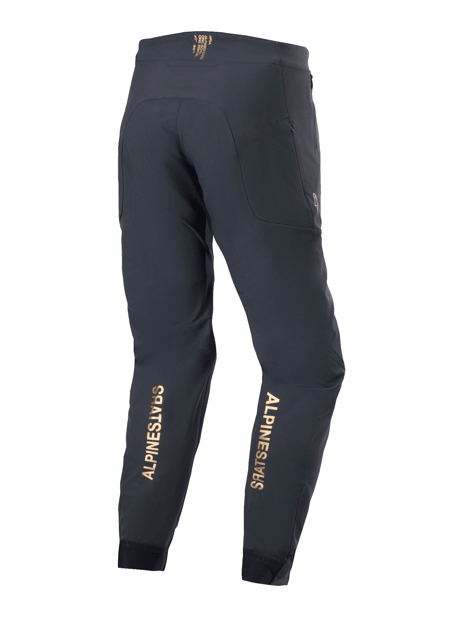 Alpinestars A-Aria Elite Broek, mountainbikebroek, zwart, achteraanzicht met gouden verticale logo's op de onderbenen, prestatiegerichte pasvorm met vochtafvoerende tailleband en zakken met rits, ontworpen voor off-road fietsen.
