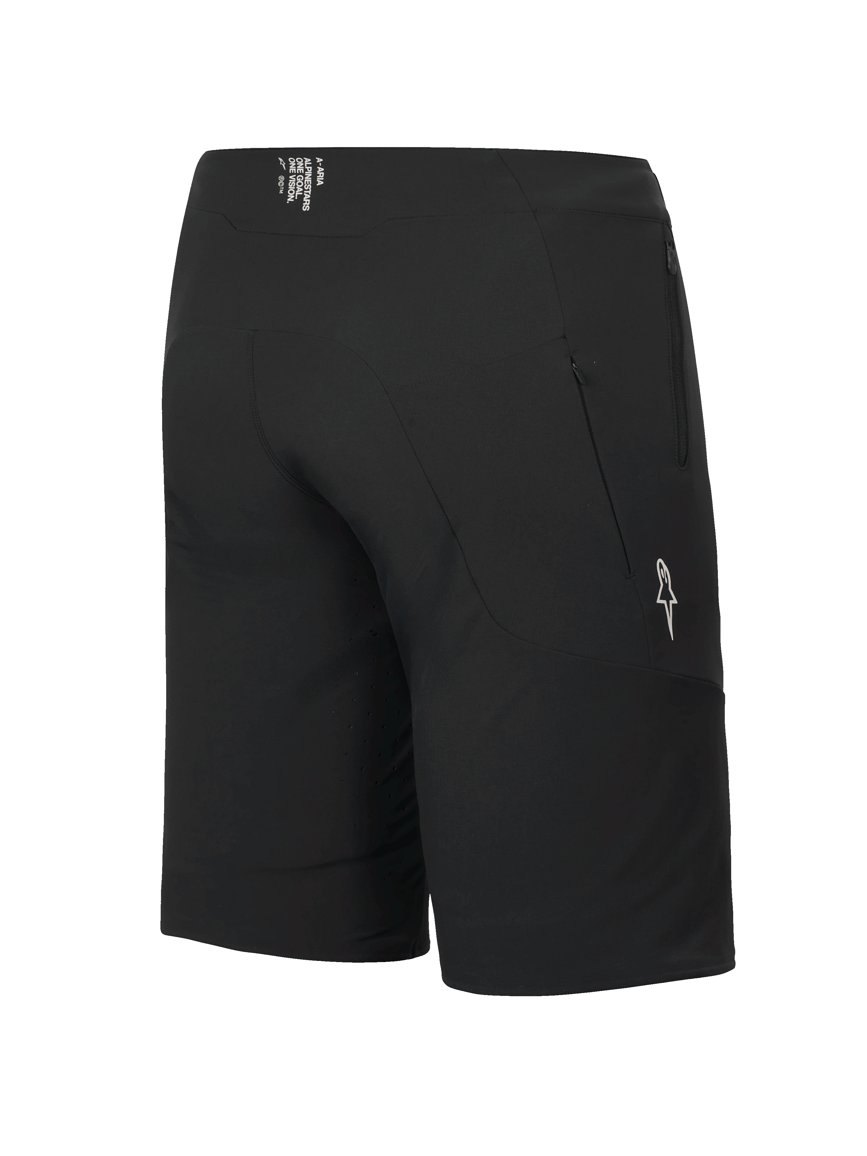 Alpinestars A-Aria Elite Shorts, MTB-short, Black Titanium, achteraanzicht met zak met ritssluiting en wit sterlogo, prestatiepasvorm voor fietsen