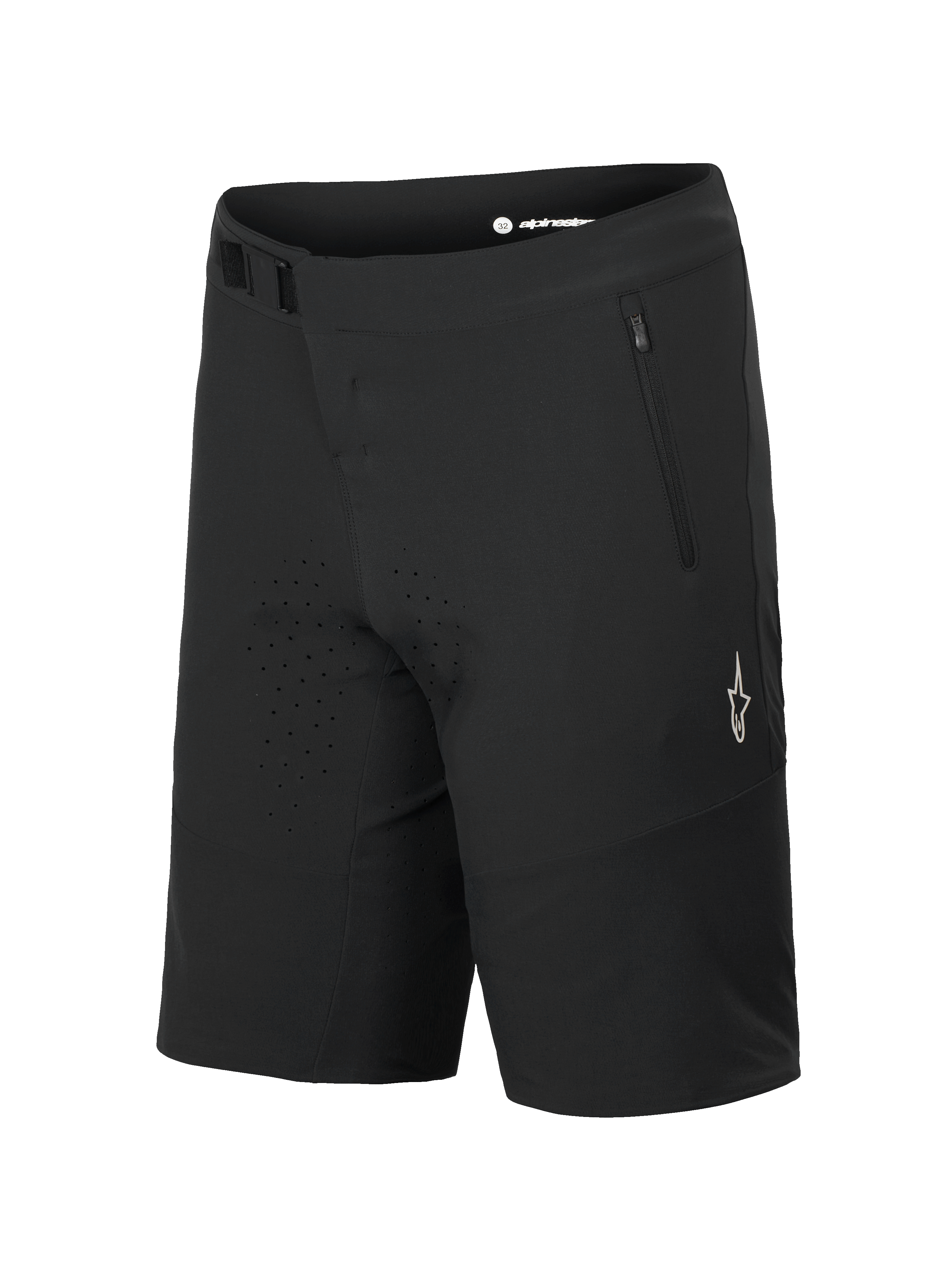 Alpinestars A-Aria Elite Shorts, mountainbikebroek, Black Titanium, met magnetische gespsluiting en zak met ritssluiting, lasergesneden ventilatieopeningen, wit A-star-logo op de broekspijp, technische kleding voor trailrijden